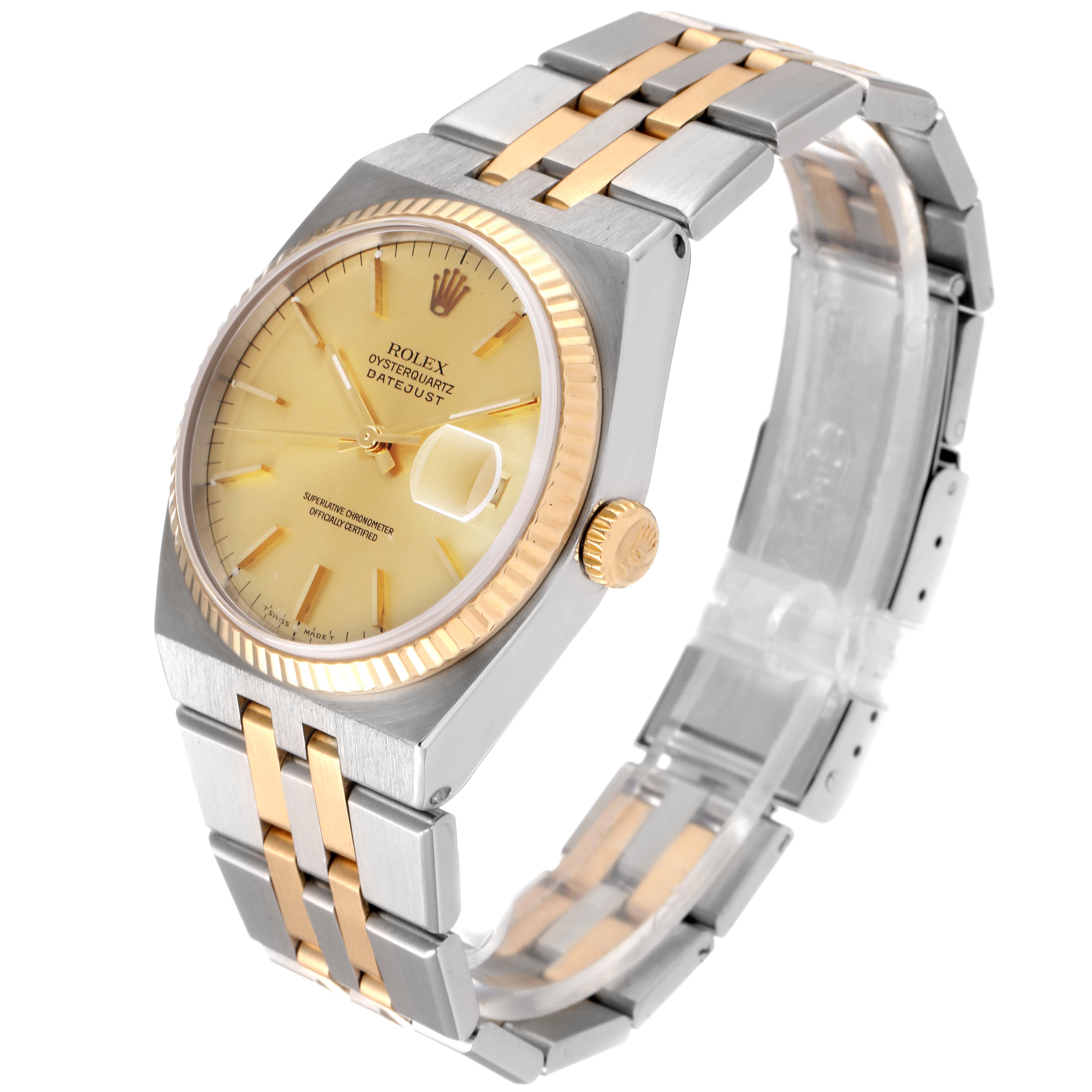The Rolex Oysterquartz 17013 Men's Steel and Gold (two tone) Champagne Dial 17013 Men's Steel and Gold (two tone) Champagne Dial watch is shown at a three-quarter angle, highlighting the dial, bezel, bracelet, and crown.