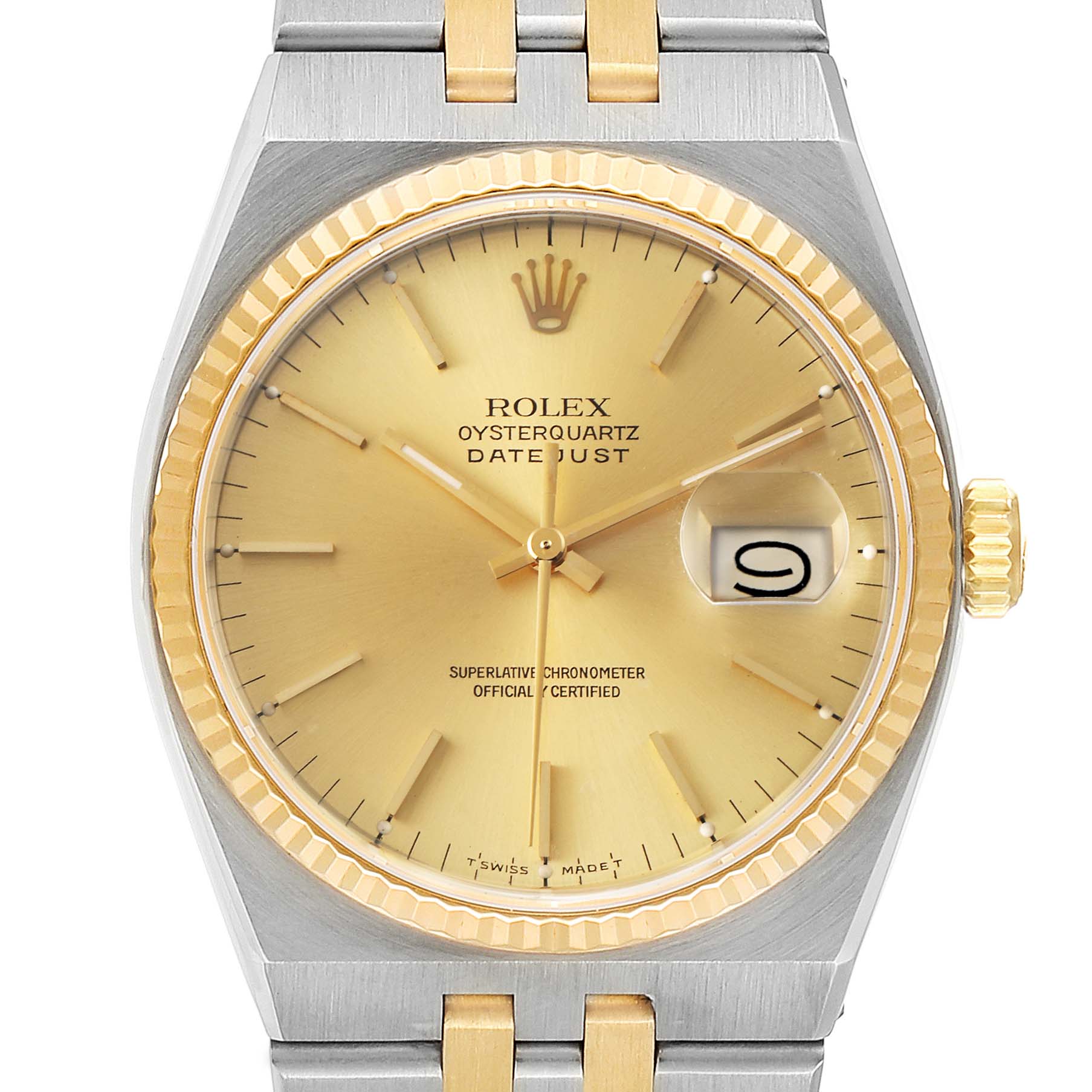 This image shows a front view of the Rolex Oysterquartz 17013 Men's Steel and Gold (two tone) Champagne Dial 17013 Men's Steel and Gold (two tone) Champagne Dial Datejust watch, focusing on the dial, bezel, crown, and bracelet.