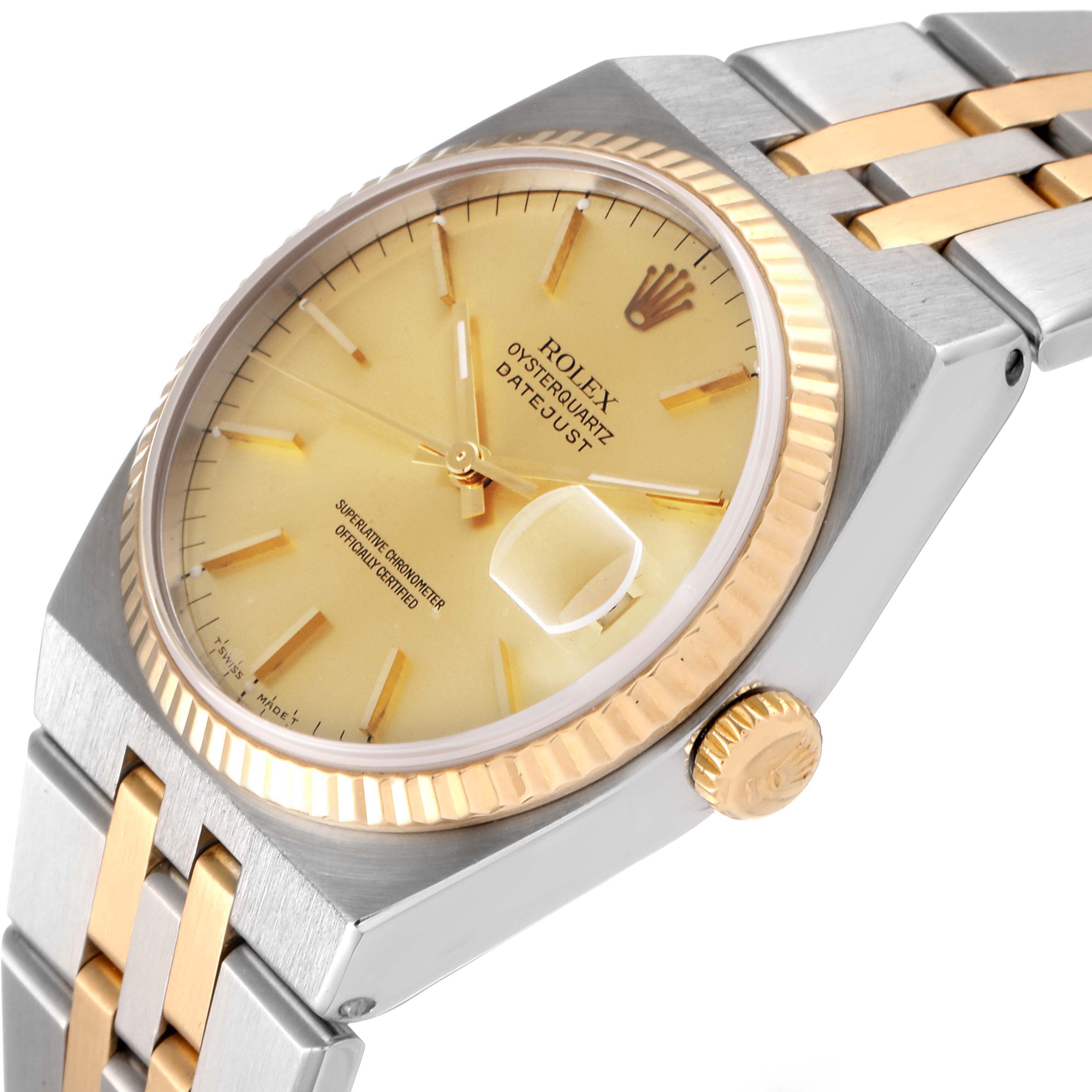 The image shows a Rolex Oysterquartz 17013 Men's Steel and Gold (two tone) Champagne Dial 17013 Men's Steel and Gold (two tone) Champagne Dial watch at a slight angle, highlighting the dial, bezel, crown, and part of the bracelet.