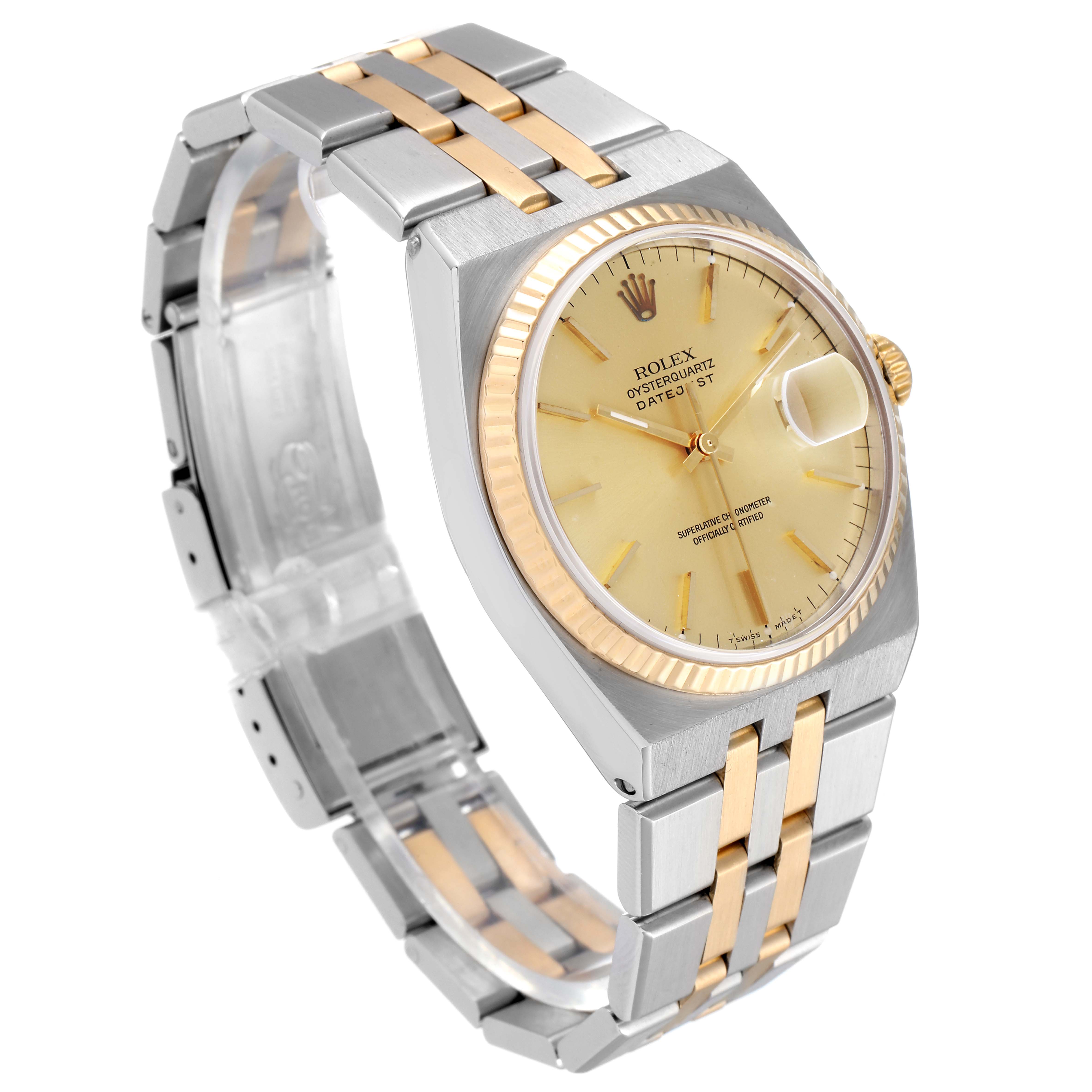 The Rolex Oysterquartz 17013 Men's Steel and Gold (two tone) Champagne Dial 17013 Men's Steel and Gold (two tone) Champagne Dial watch is angled to show the dial, bezel, crown, and bi-metal bracelet.