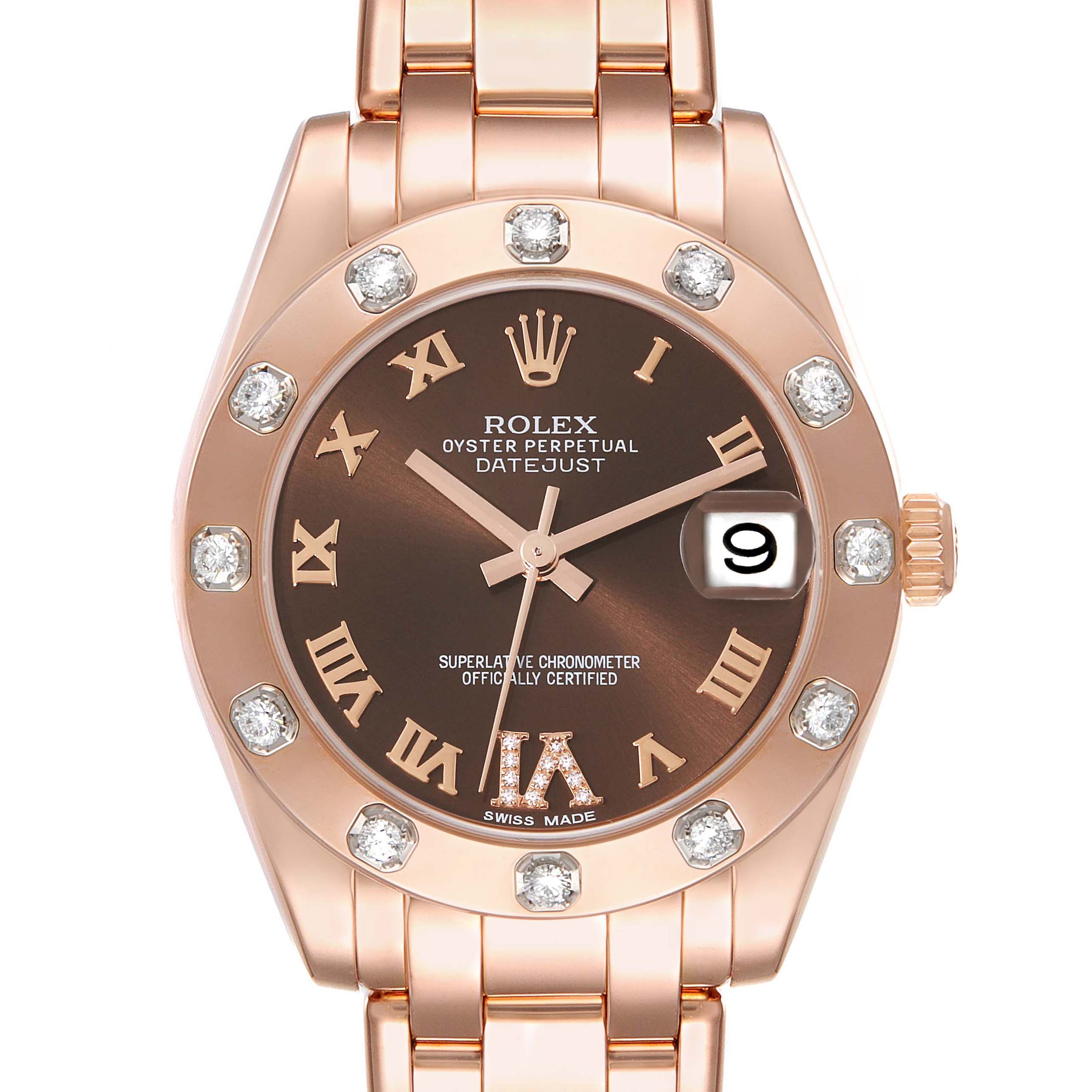 This is a front view of a Rolex Pearlmaster 81315 Women's Rose Gold Brown Dial 81315 Women's Rose Gold Brown Dial watch showcasing the dial, bezel, hands, and part of the bracelet.