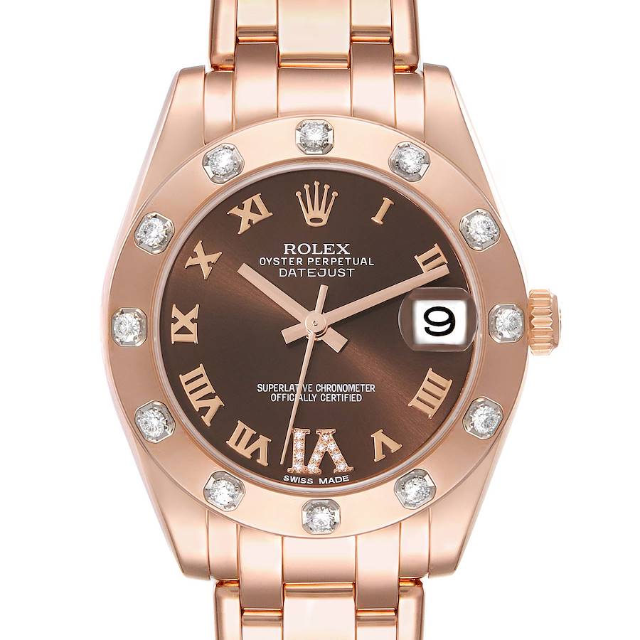 Rolex Pearlmaster 34mm Chocolate Dial Rose Gold Diamond Ladies Watch 81315 SwissWatchExpo
