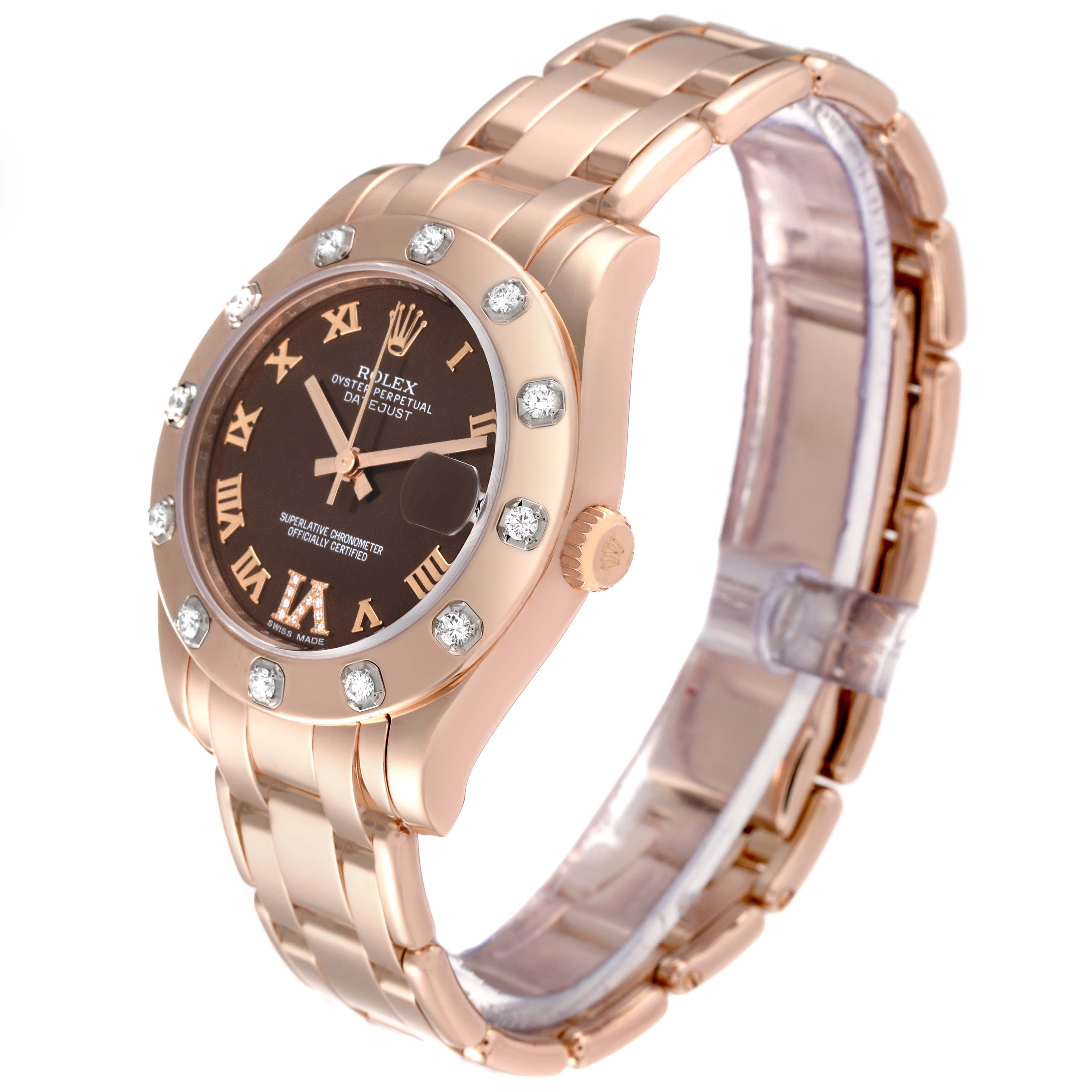 The Rolex Pearlmaster 81315 Women's Rose Gold Brown Dial 81315 Women's Rose Gold Brown Dial watch is shown from an angled front view, highlighting its face, bezel, and part of the bracelet.