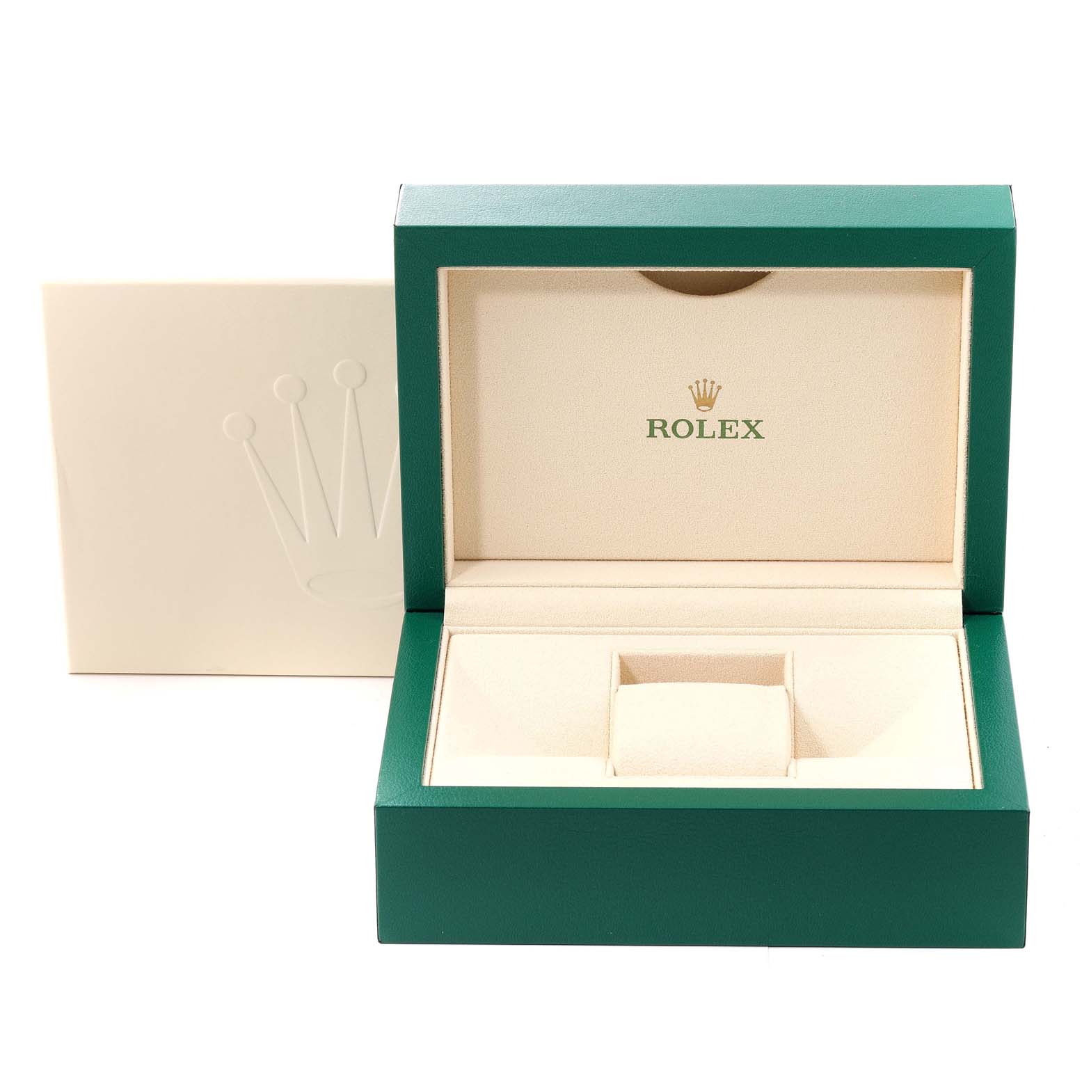 The image shows an open green Rolex watch box for the Pearlmaster model, displaying its interior and outer case.
