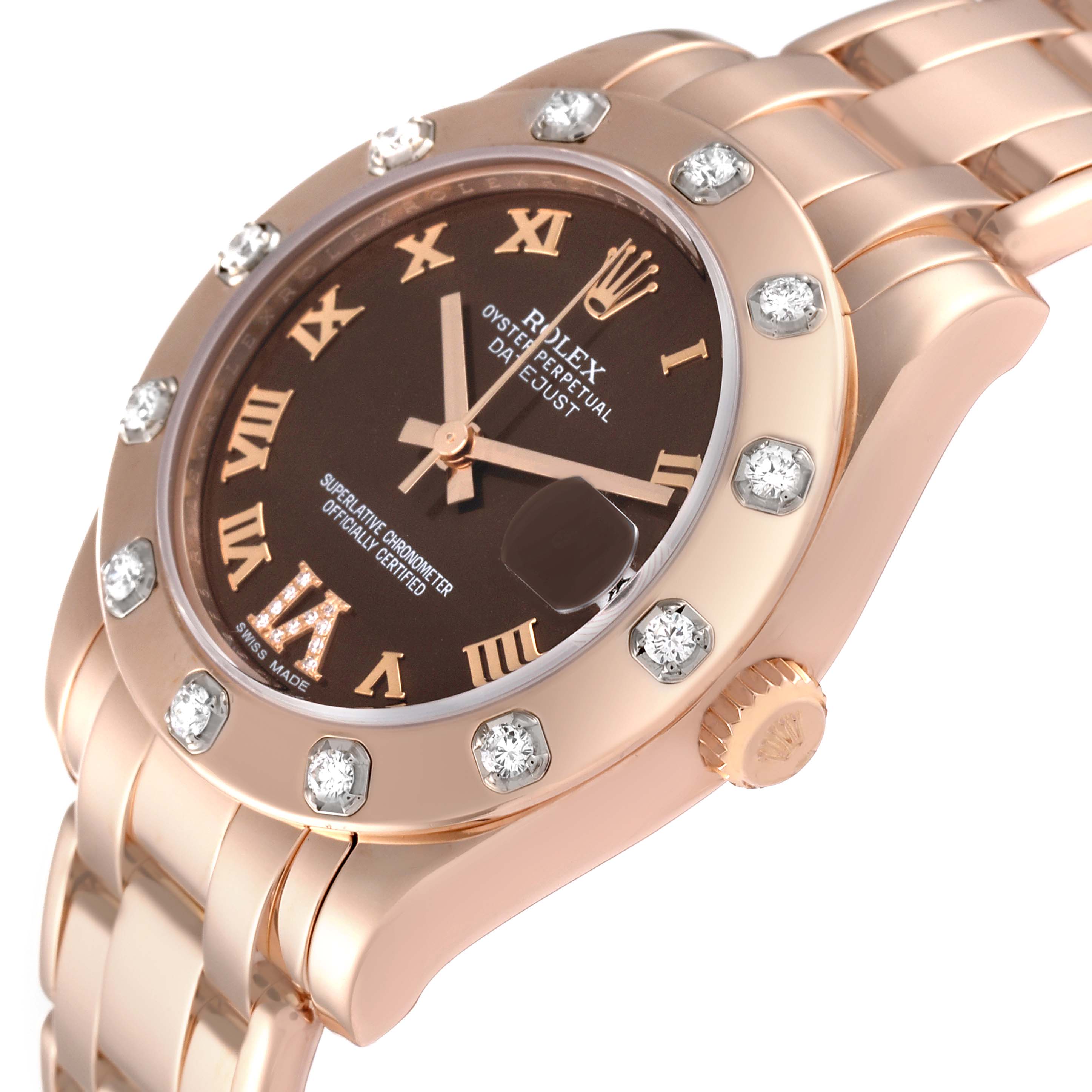 The image shows a Rolex Pearlmaster 81315 Women's Rose Gold Brown Dial 81315 Women's Rose Gold Brown Dial watch at an angle highlighting the dial, bezel with diamonds, and partial bracelet.