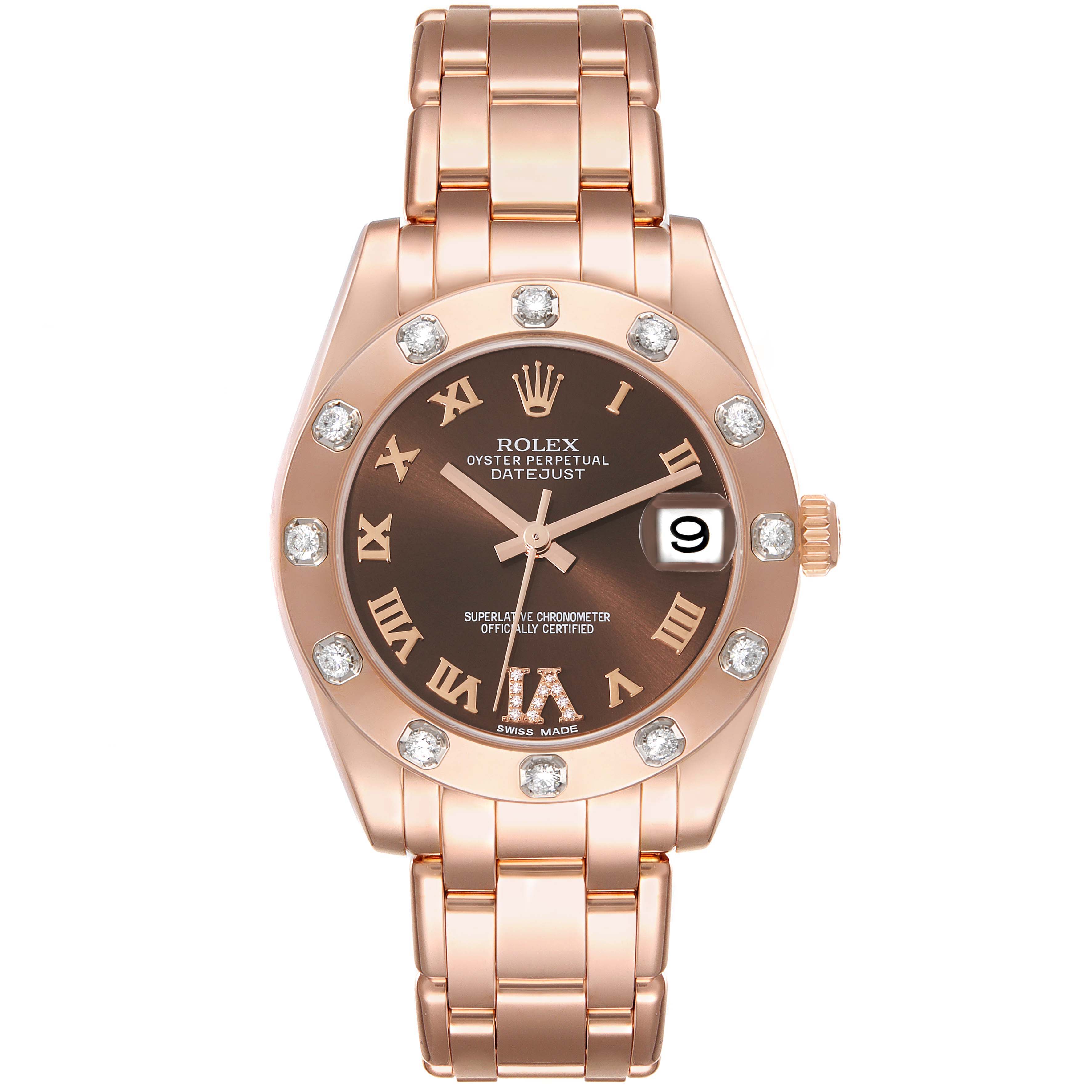 The image shows a front view of a Rolex Pearlmaster 81315 Women's Rose Gold Brown Dial 81315 Women's Rose Gold Brown Dial watch, displaying the dial, bezel, bracelet, and date window.