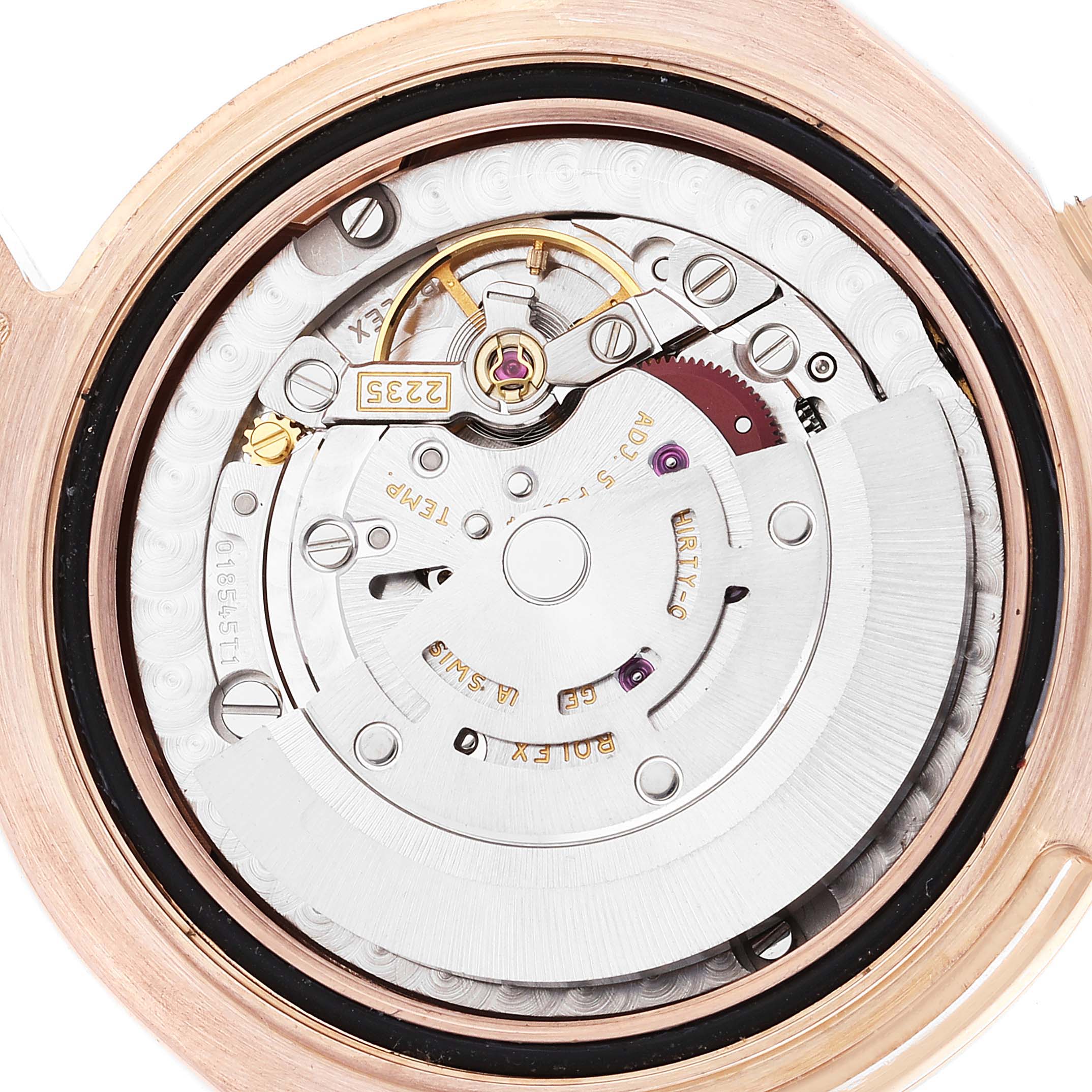 The image shows the inner mechanism of a Rolex Pearlmaster 81315 Women's Rose Gold Brown Dial 81315 Women's Rose Gold Brown Dial model watch from a top-down angle.