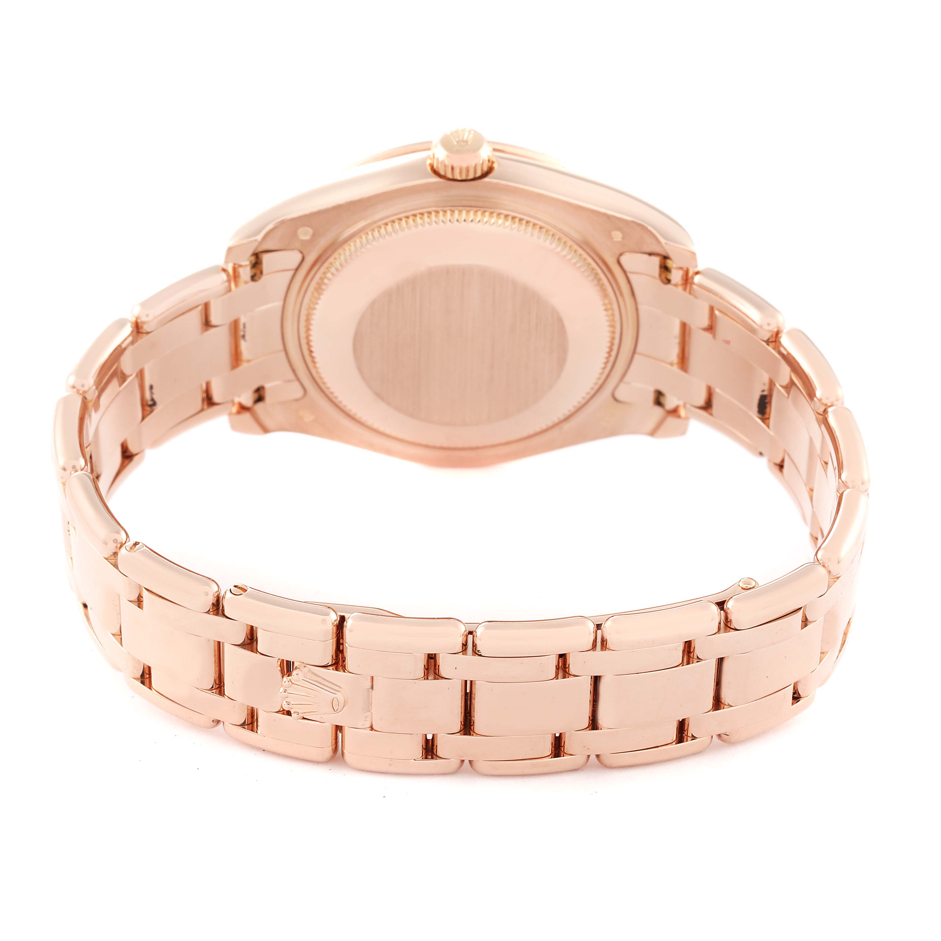 The image shows the back view and bracelet of the Rolex Pearlmaster 81315 Women's Rose Gold Brown Dial 81315 Women's Rose Gold Brown Dial watch, highlighting the case and the rose gold link band.