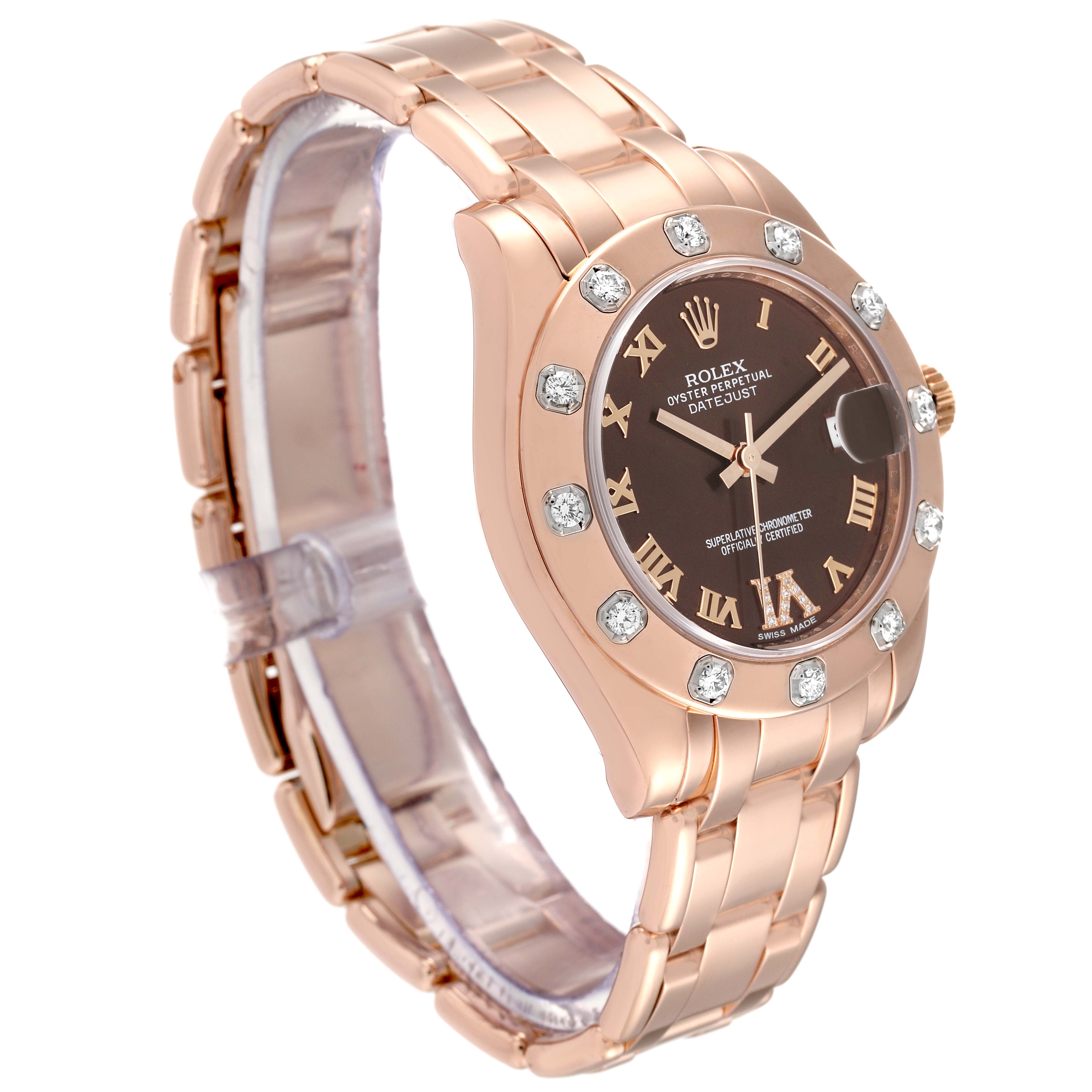 The Rolex Pearlmaster 81315 Women's Rose Gold Brown Dial 81315 Women's Rose Gold Brown Dial watch is shown from an angled side view, highlighting the face, bezel, crown, and bracelet.