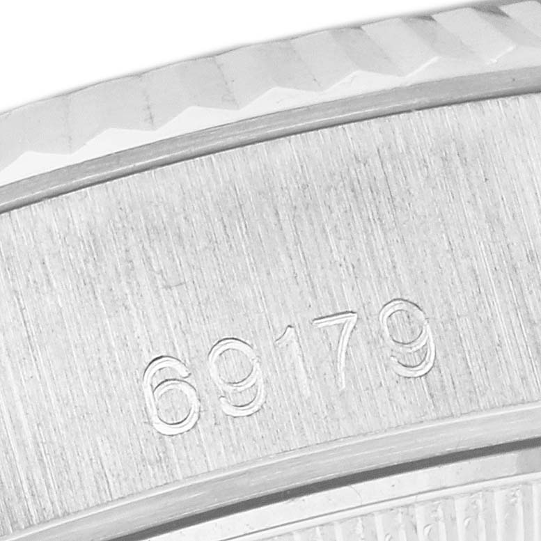 This image shows a close-up of the case back of a Rolex President 69179G Women's White Gold Blue Dial 69179G Women's White Gold Blue Dial model displaying its reference number "69179".