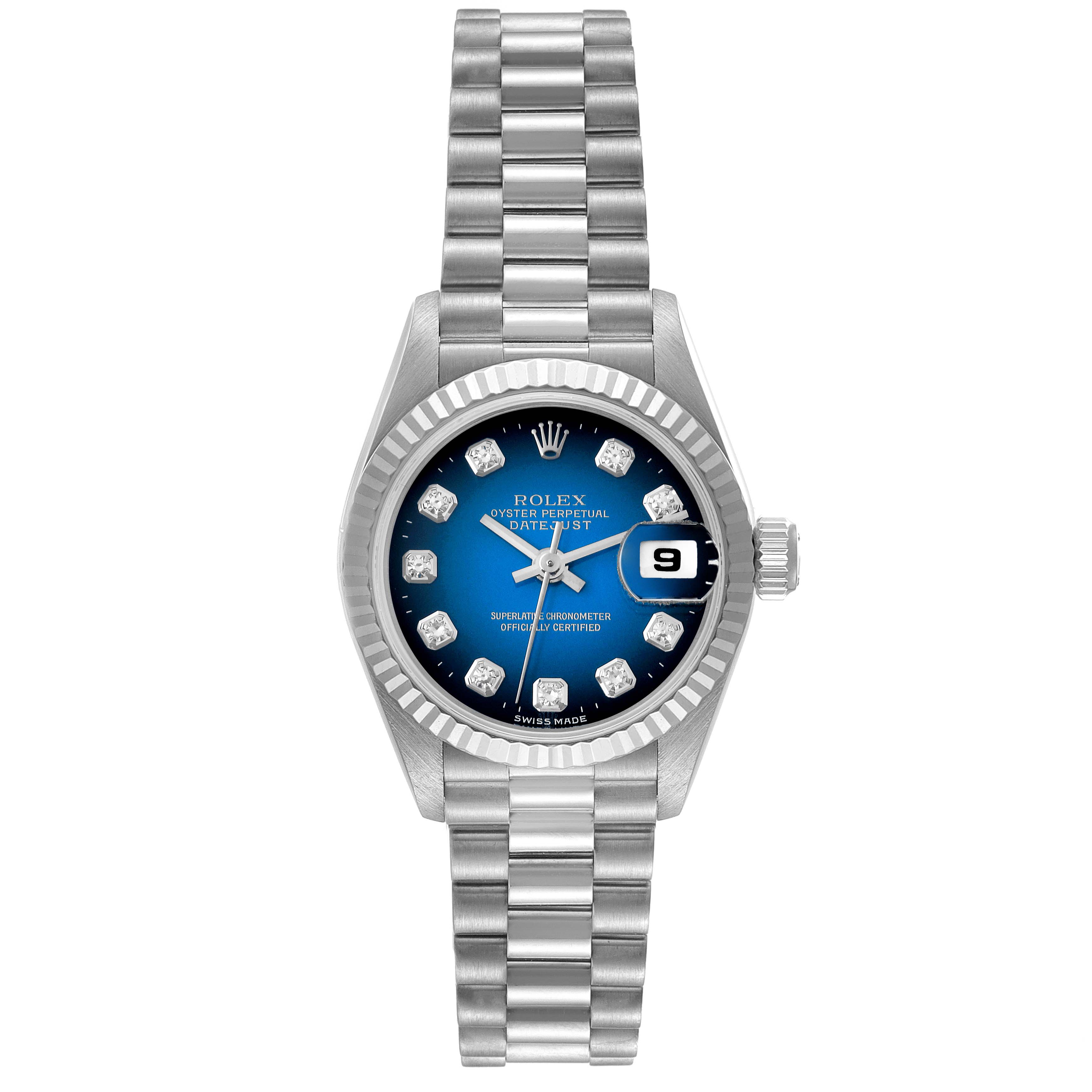 This image shows a front view of the Rolex President 69179G Women's White Gold Blue Dial 69179G Women's White Gold Blue Dial model watch, displaying the bezel, dial, bracelet, and date window.