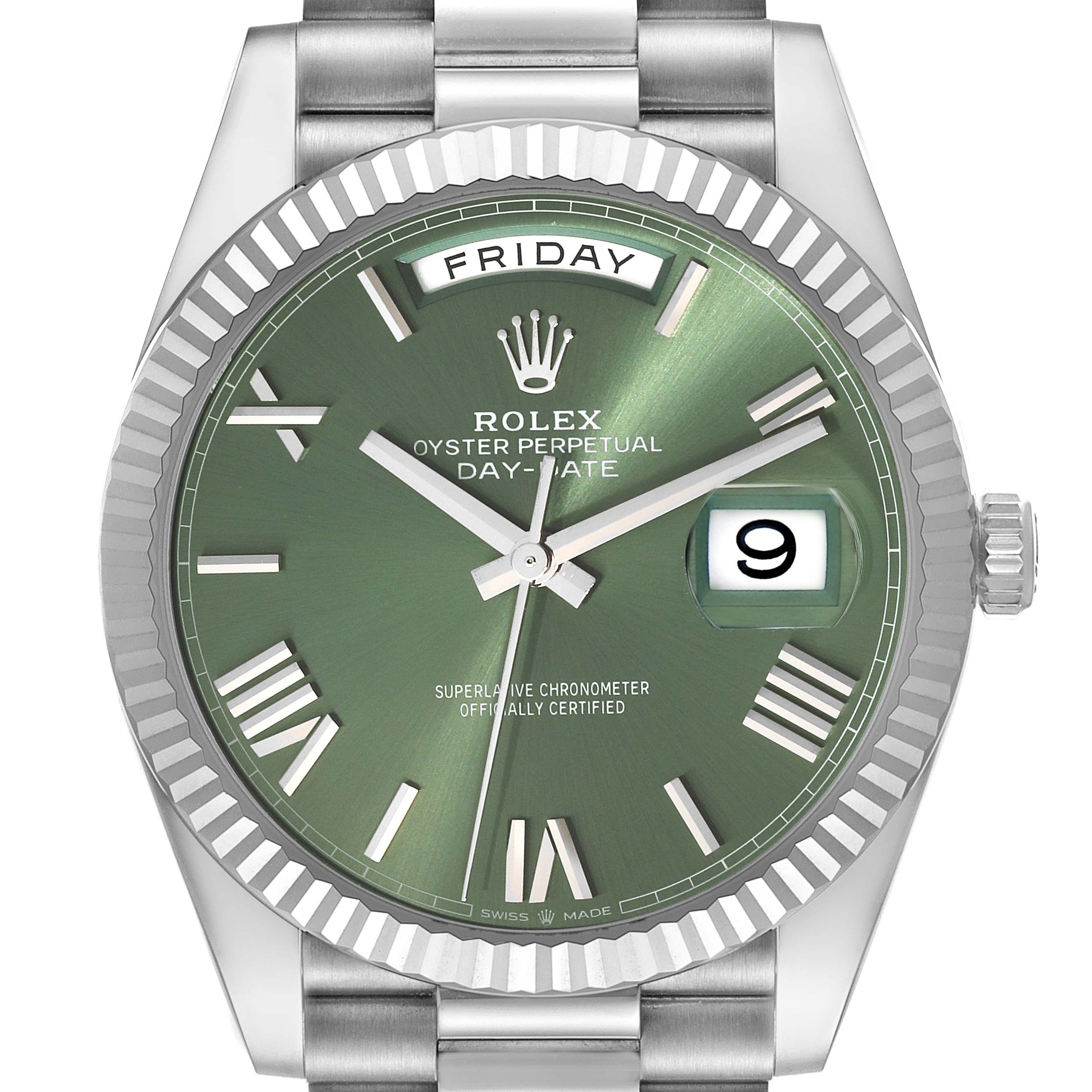 The Rolex President 61522 Men's White Gold Green Dial 61522 Men's White Gold Green Dial model watch is shown from a front angle, highlighting its green dial, fluted bezel, day, and date displays.