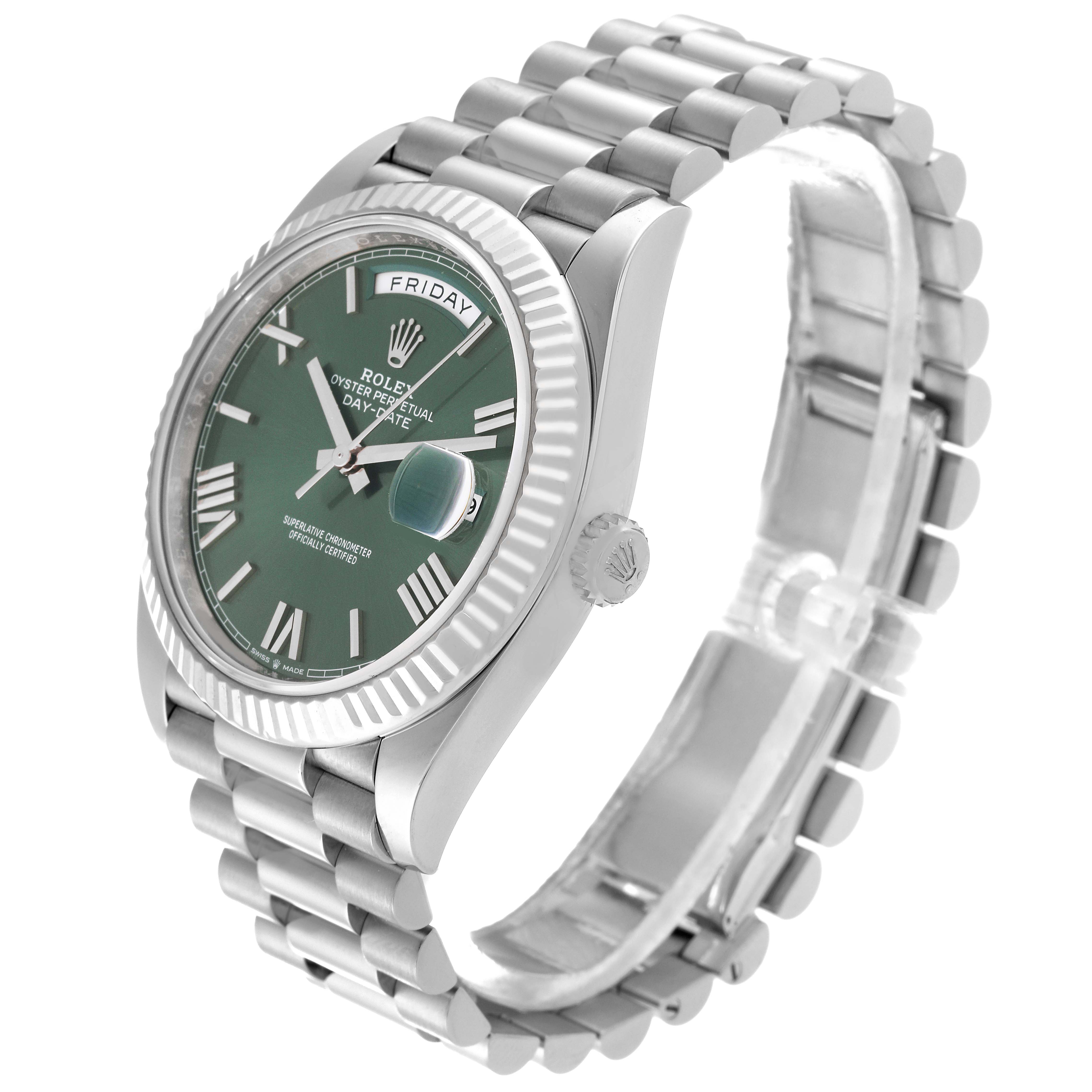 The image shows a side-angle view of a Rolex President 61522 Men's White Gold Green Dial 61522 Men's White Gold Green Dial model watch, displaying the dial, bezel, and bracelet.