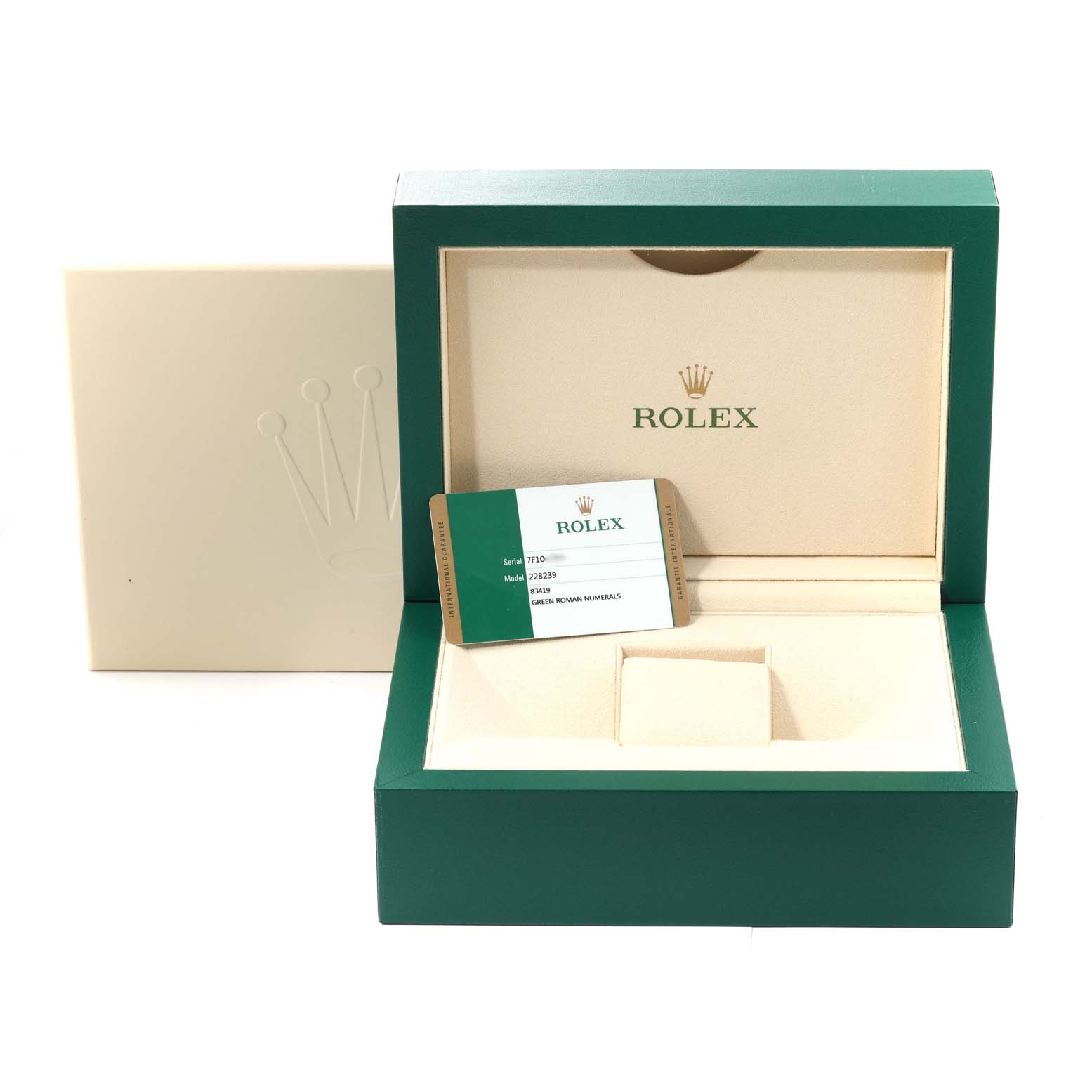 The image shows the box and warranty card for a Rolex President 61522 Men's White Gold Green Dial 61522 Men's White Gold Green Dial model watch.