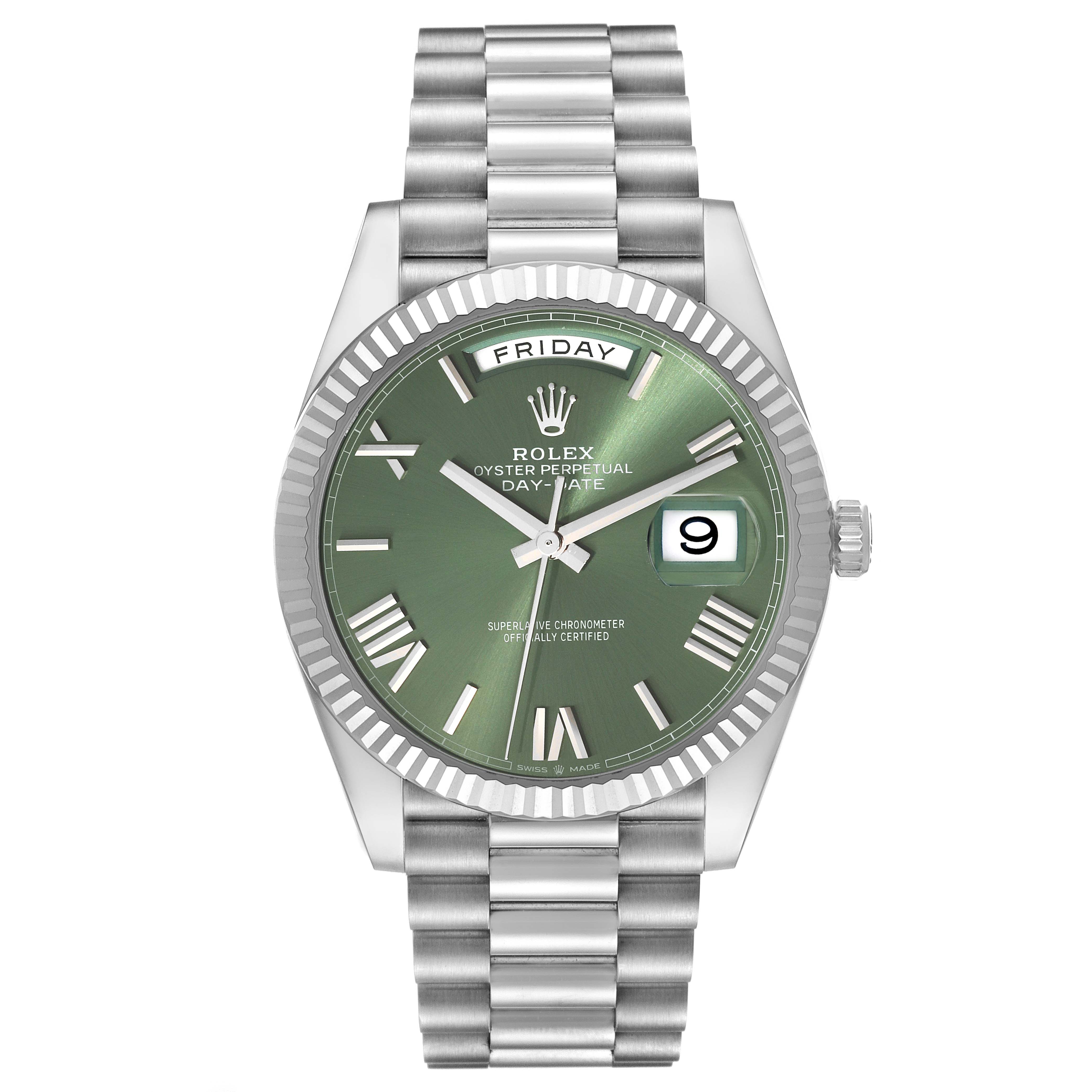 The image shows a front view of a Rolex President 61522 Men's White Gold Green Dial 61522 Men's White Gold Green Dial model watch with a green dial, day-date display, and metal bracelet.