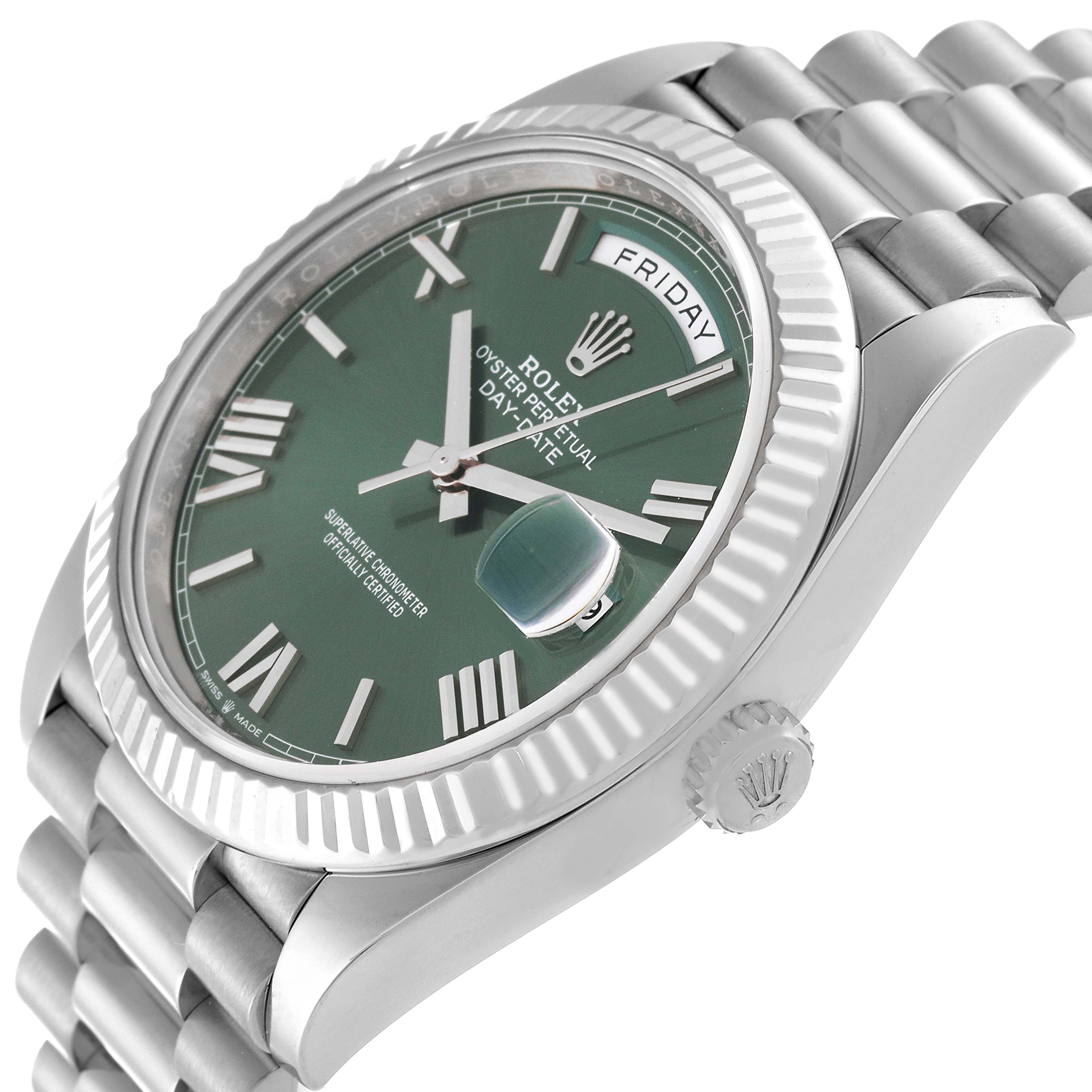 The image shows a close-up angled view of the Rolex President 61522 Men's White Gold Green Dial 61522 Men's White Gold Green Dial model, highlighting the green dial, bezel, and bracelet.