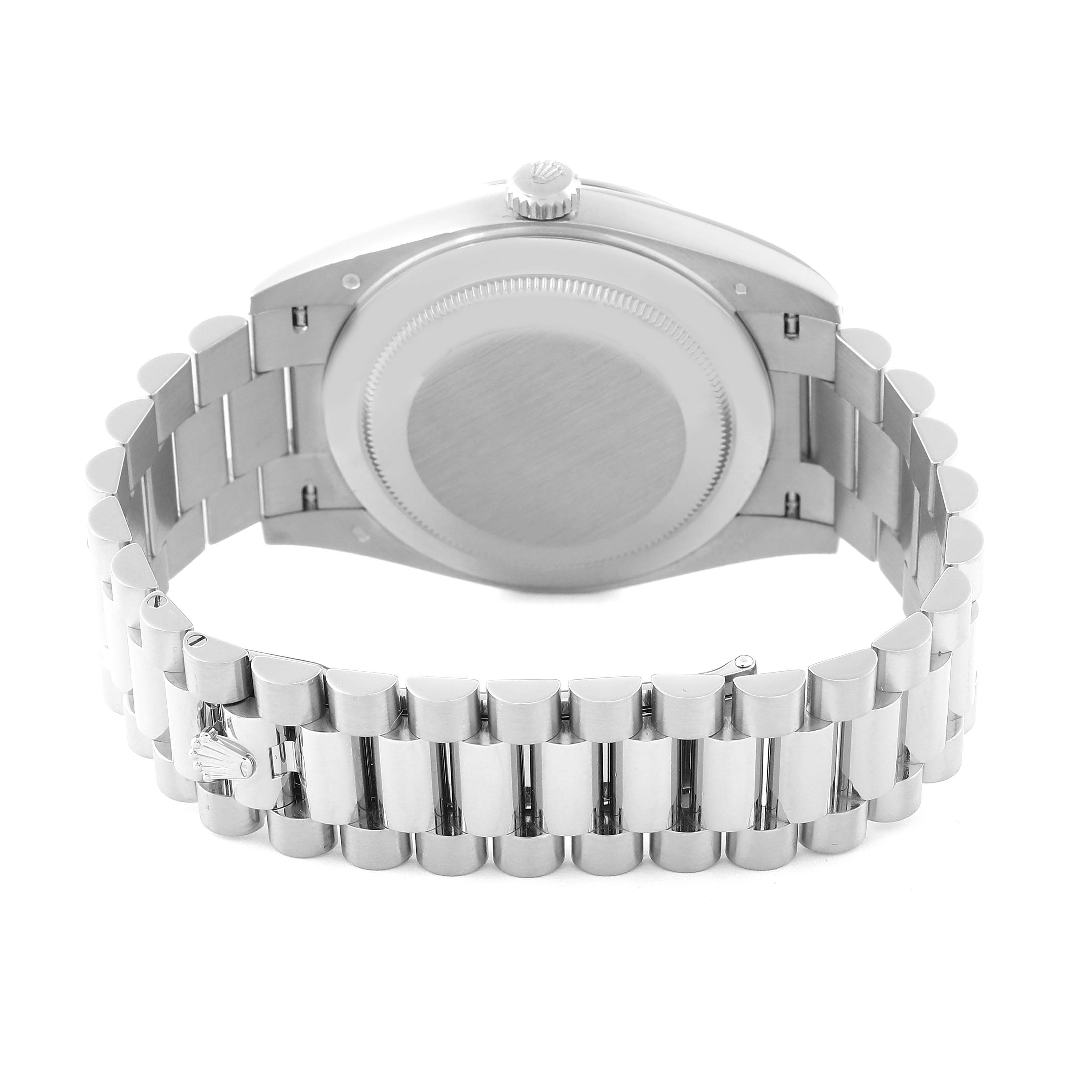 The image shows the back case and bracelet of a Rolex President 61522 Men's White Gold Green Dial 61522 Men's White Gold Green Dial model watch from a rear angle.