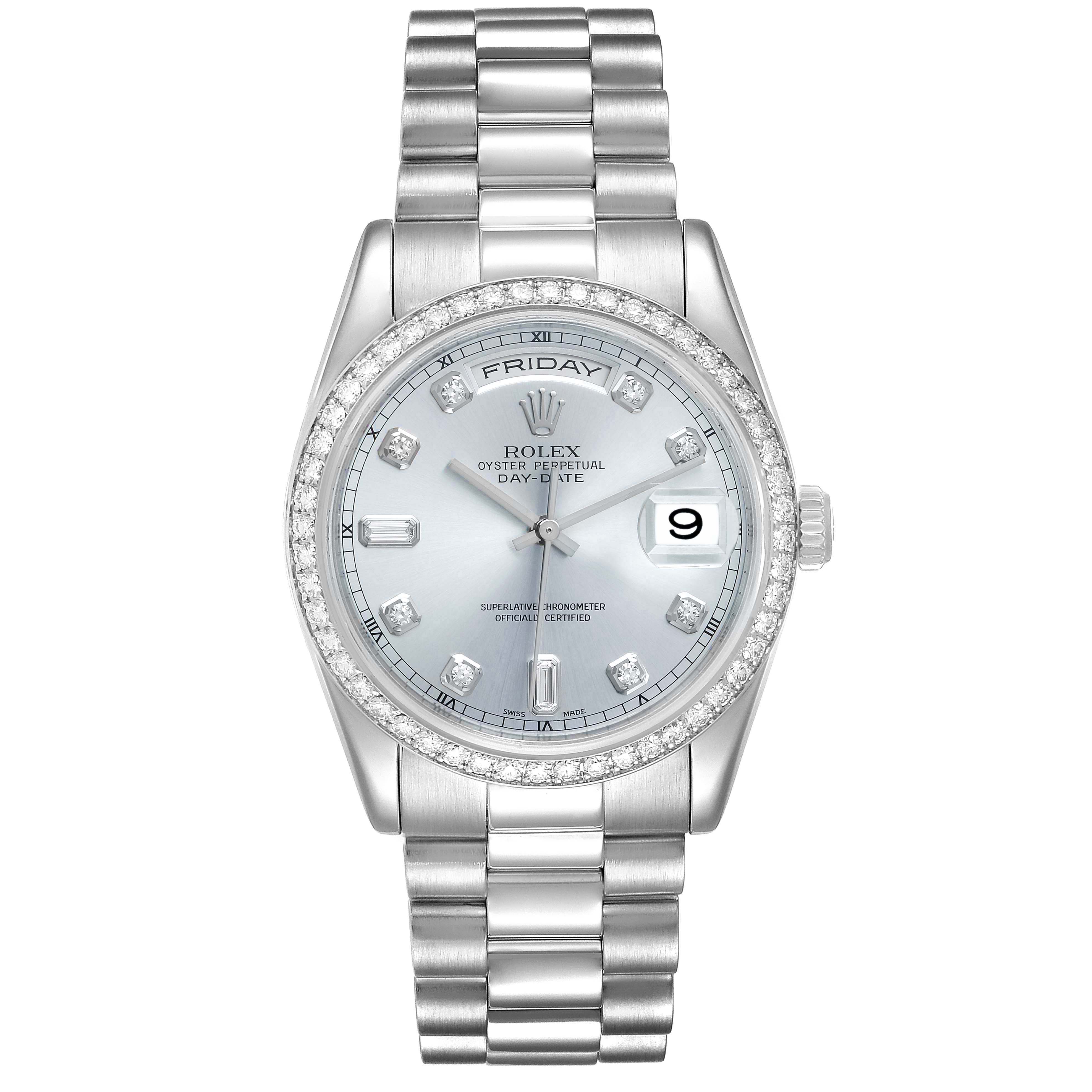 The image shows a front view of a Rolex President 118346 Men's Platinum Blue Dial 118346 Men's Platinum Blue Dial model watch, highlighting its face, dial, and bracelet.