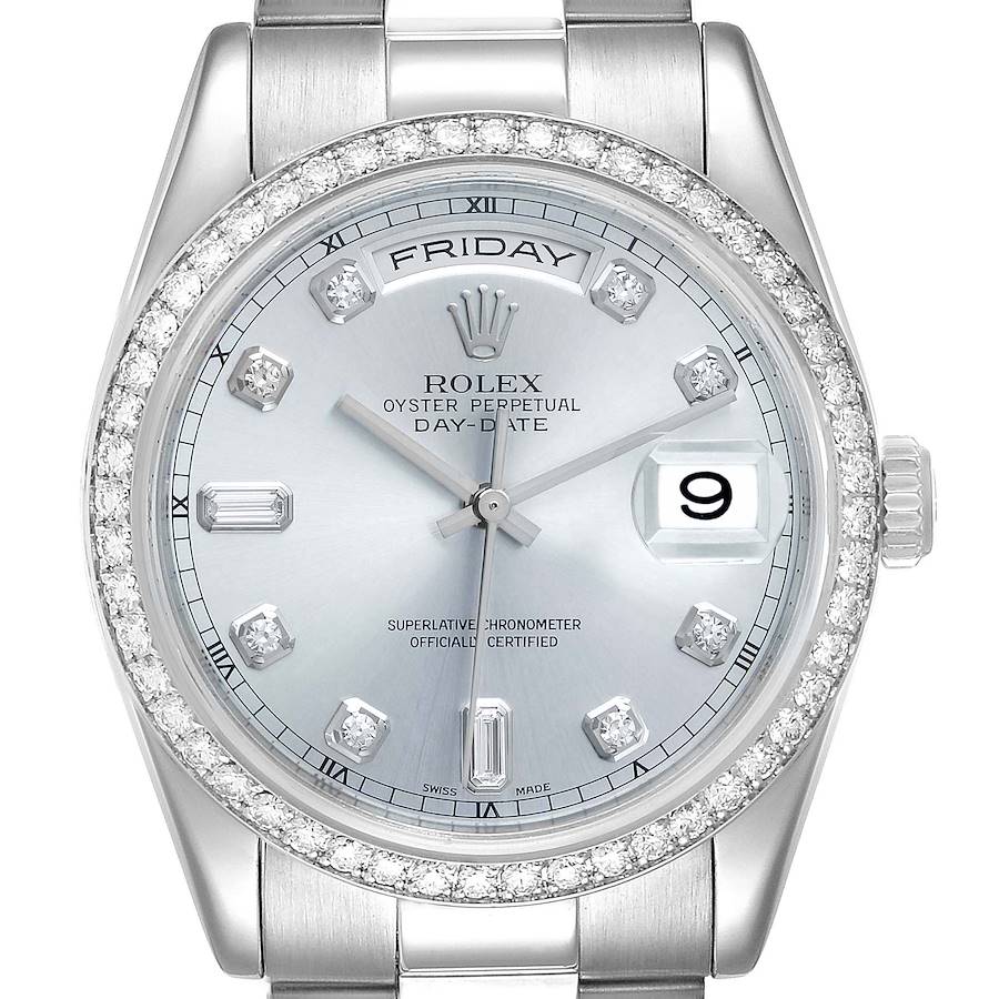 Rolex President Day-Date Platinum Ice Blue Dial Diamond Watch 118346 Box Papers SwissWatchExpo