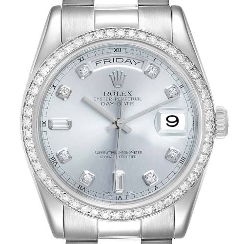 Photo of Rolex President Day-Date Platinum Ice Blue Dial Diamond Watch 118346 Box Papers