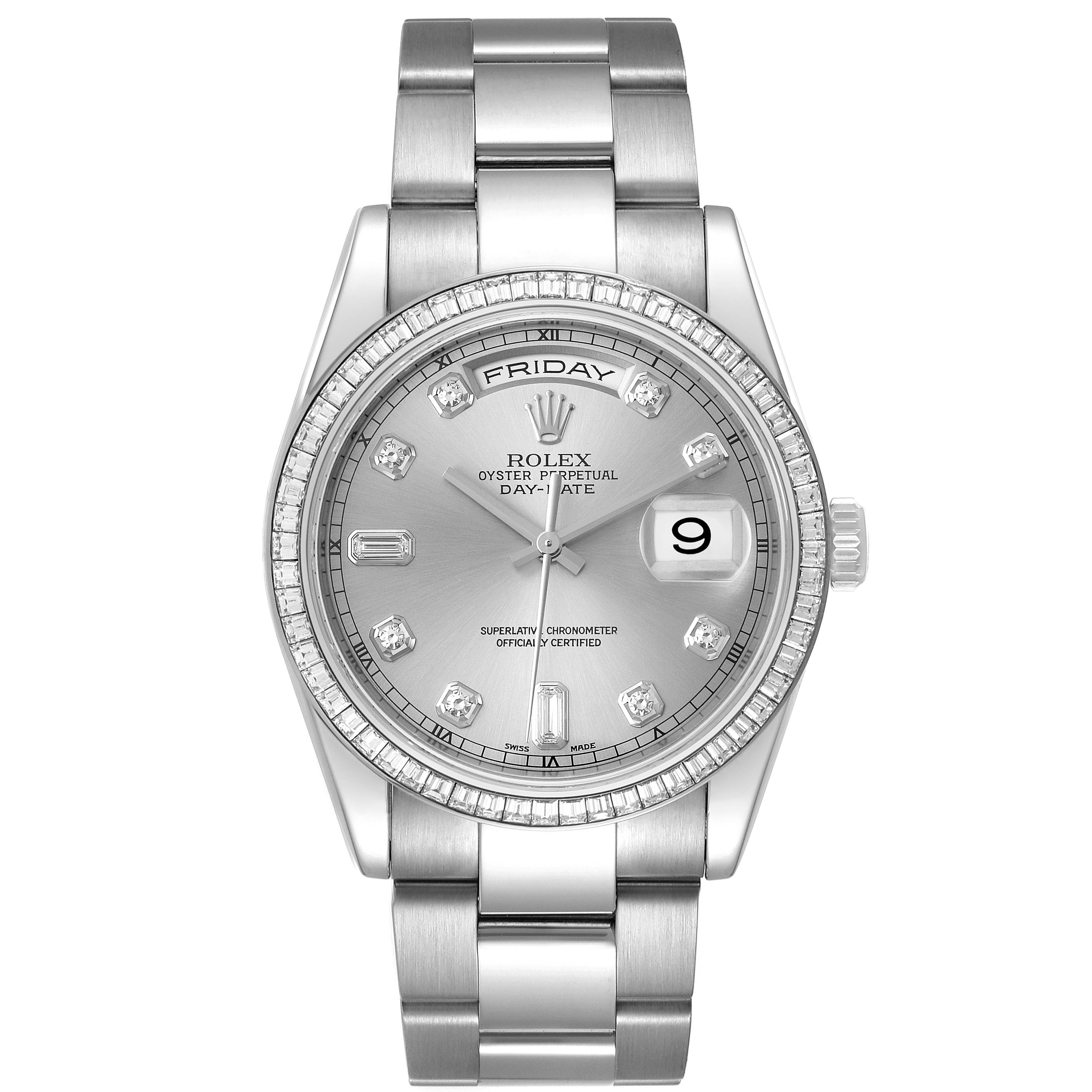 The image shows a front view of the Rolex President 118399BR Men's White Gold Silver Dial 118399BR Men's White Gold Silver Dial model watch, displaying the face, bezel, bracelet, and crown.