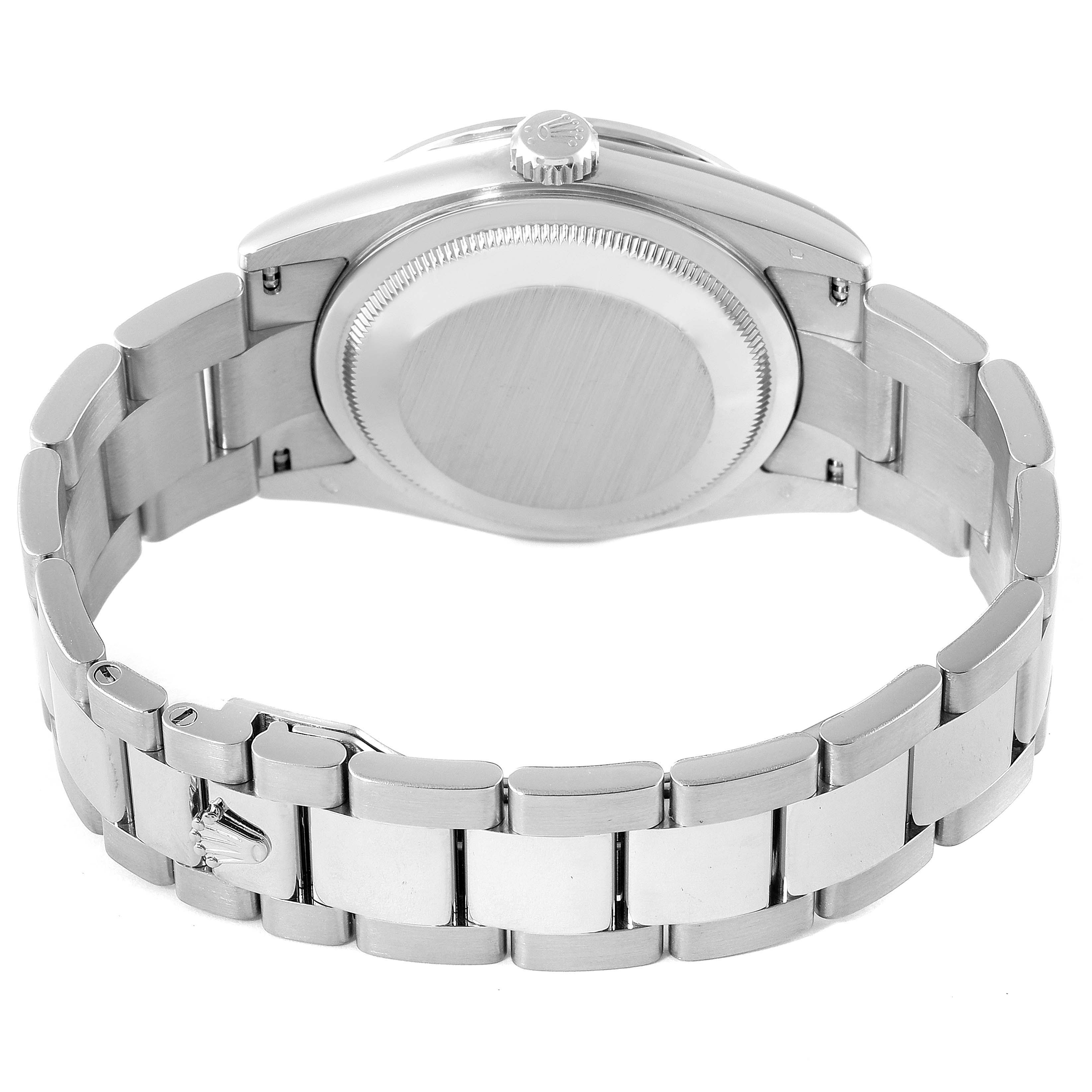 The image shows the back view of a Rolex President 118399BR Men's White Gold Silver Dial 118399BR Men's White Gold Silver Dial model watch, highlighting its case back and bracelet.