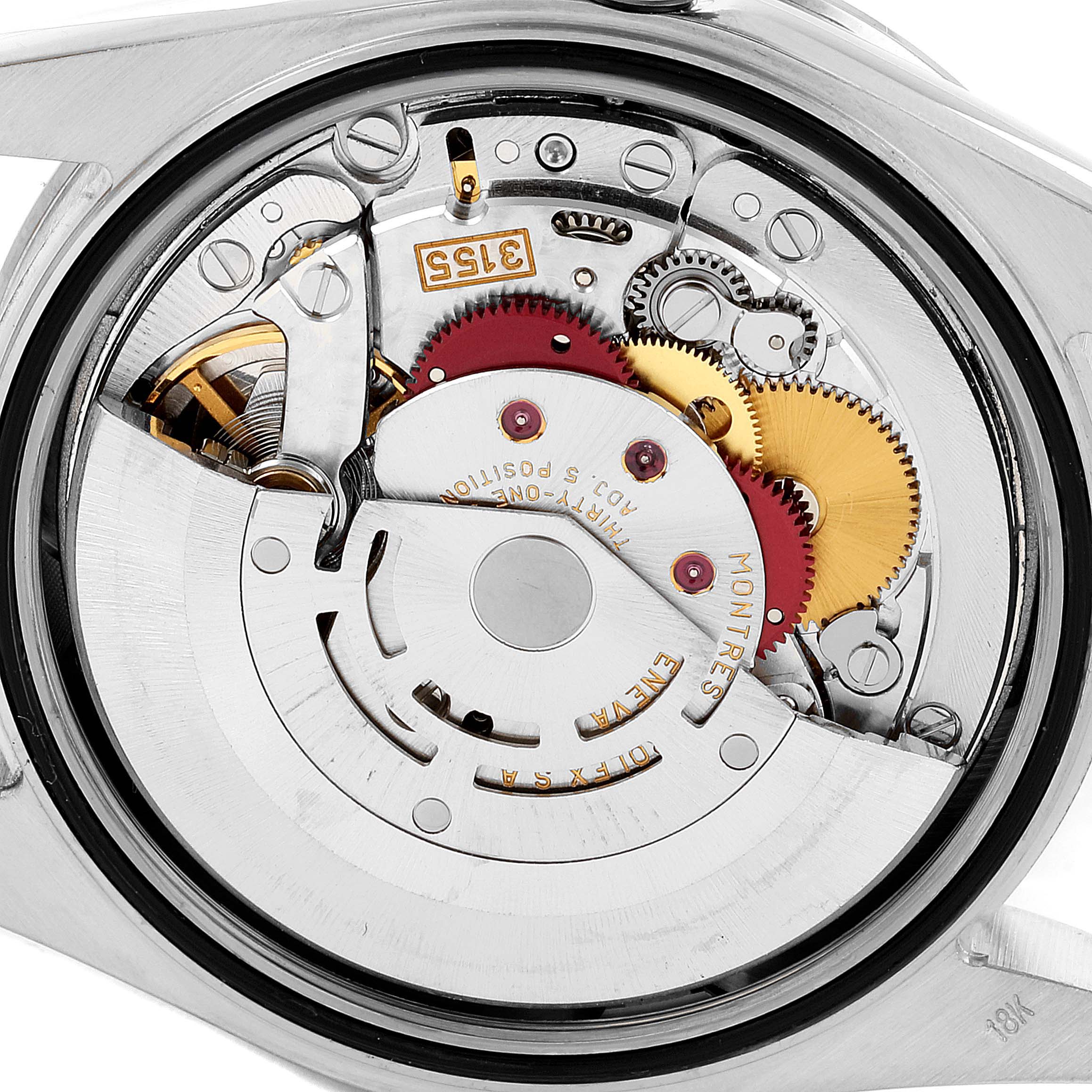 This image shows the intricate inner mechanics, or movement, of the Rolex President 118399BR Men's White Gold Silver Dial 118399BR Men's White Gold Silver Dial watch model.