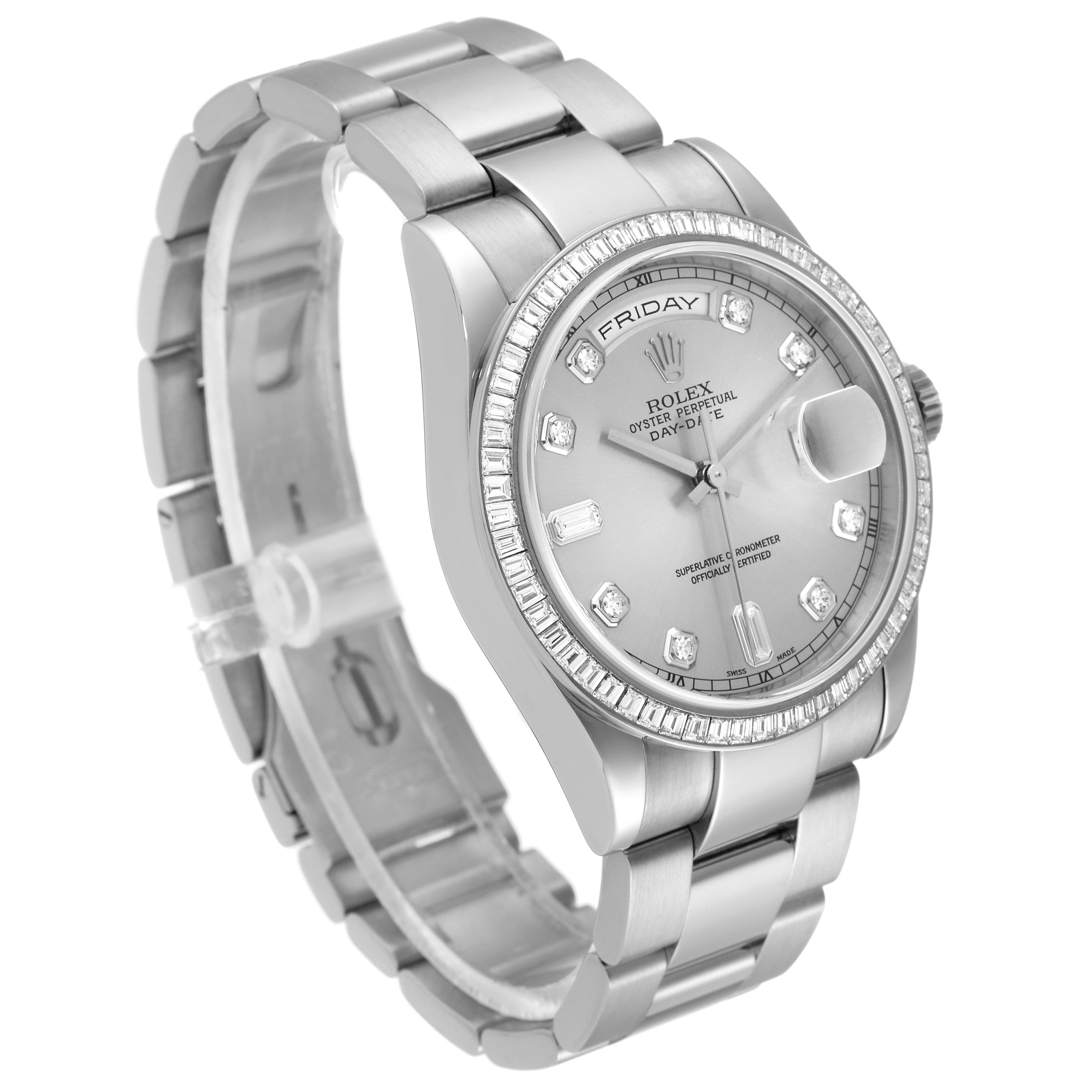 The Rolex President 118399BR Men's White Gold Silver Dial 118399BR Men's White Gold Silver Dial model watch is shown at a slight angle, displaying the face, bezel, and bracelet in full detail.