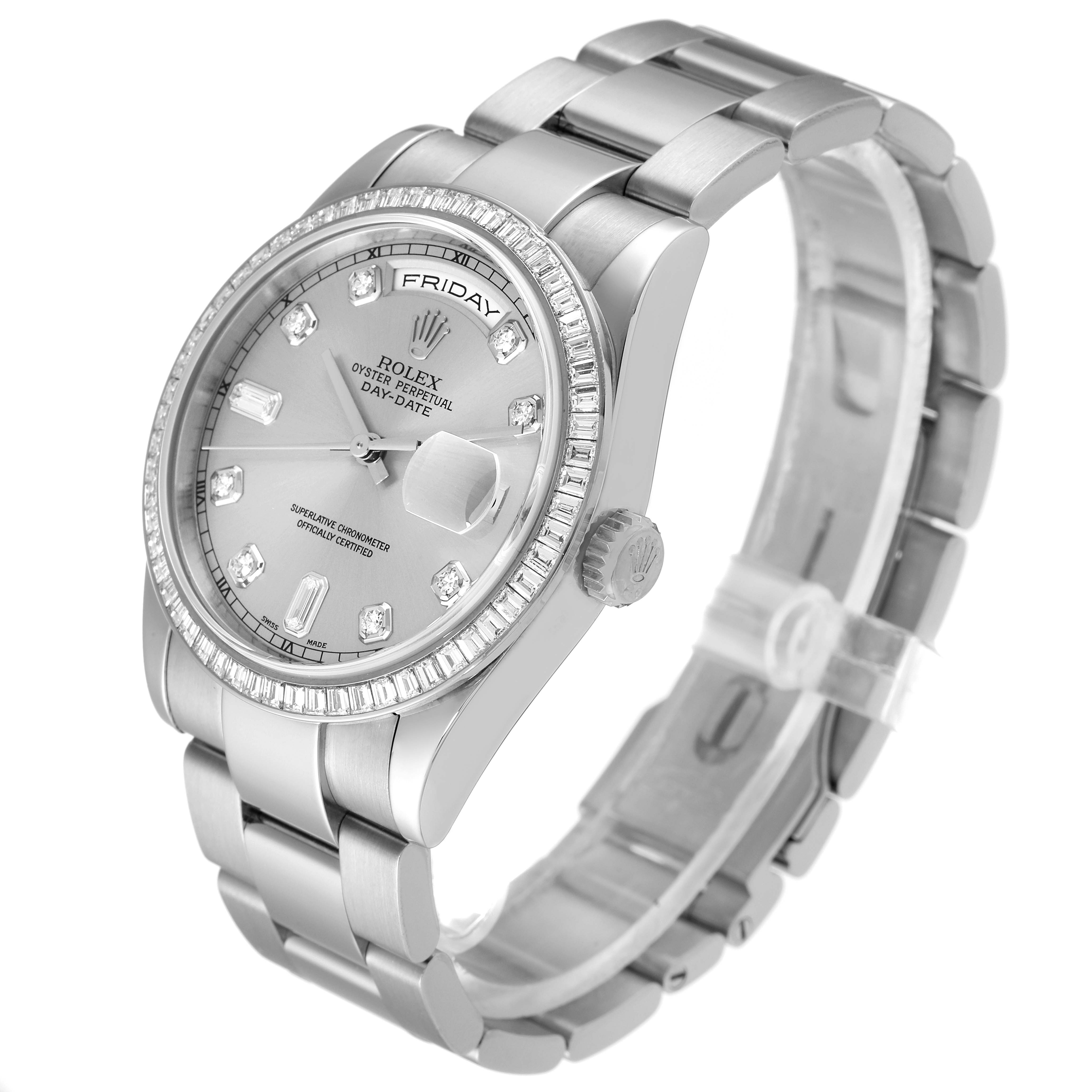 The image shows a Rolex President 118399BR Men's White Gold Silver Dial 118399BR Men's White Gold Silver Dial model watch at a three-quarter angle, highlighting the face, bracelet, and crown.