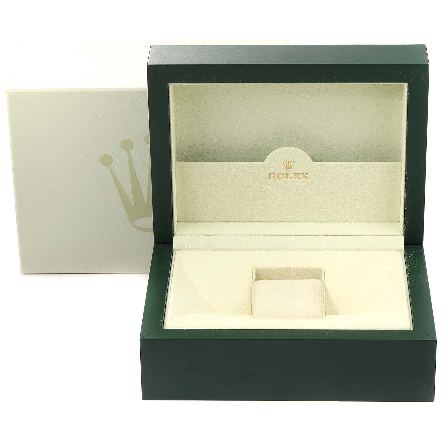 This image shows an open green and beige watch box for a Rolex President 118399BR Men's White Gold Silver Dial 118399BR Men's White Gold Silver Dial model.