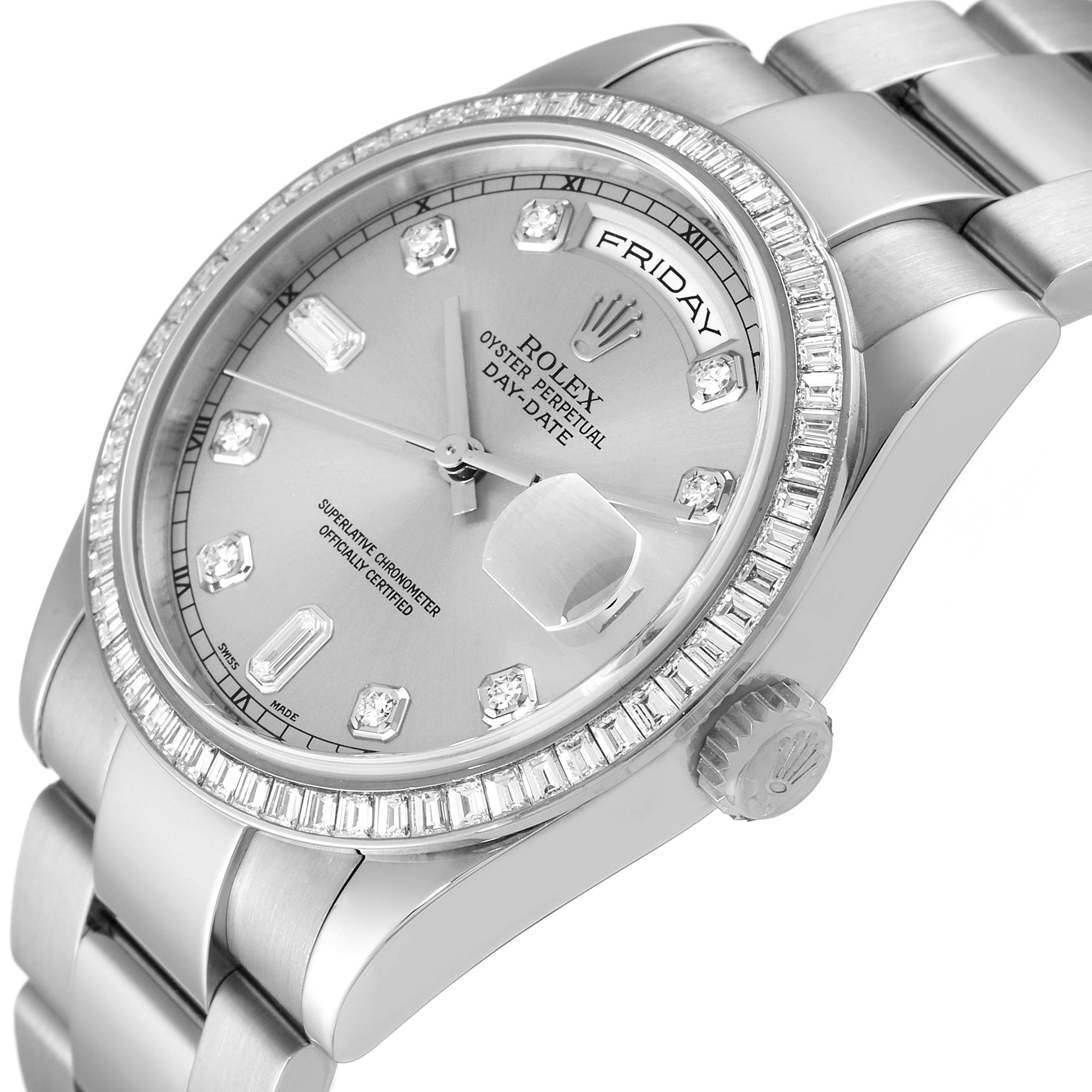 This image shows a close-up angle of the Rolex President 118399BR Men's White Gold Silver Dial 118399BR Men's White Gold Silver Dial model watch, highlighting its face, bezel, and part of the bracelet.