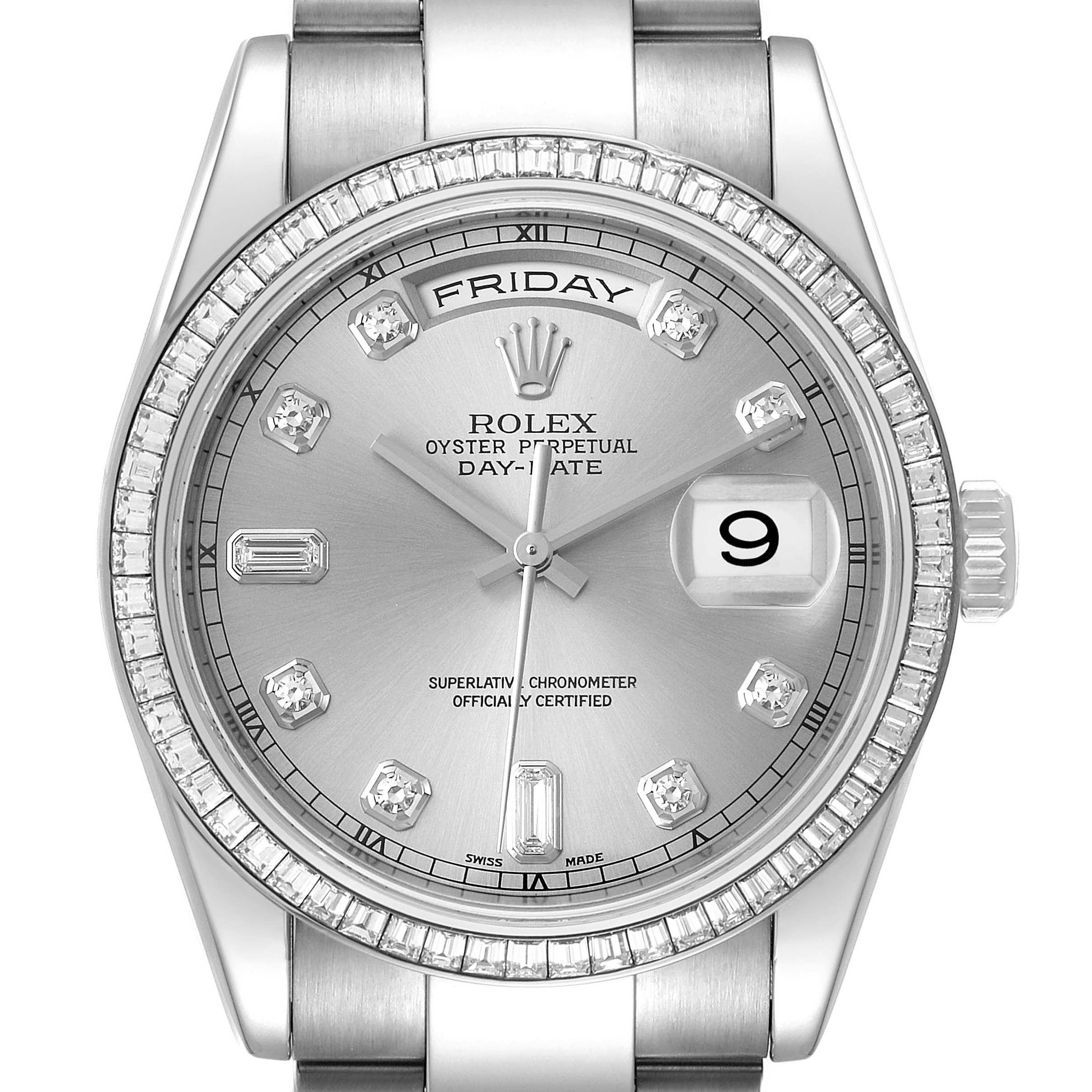 This is a close-up front view of the Rolex President 118399BR Men's White Gold Silver Dial 118399BR Men's White Gold Silver Dial model, showing the dial, bezel, and part of the bracelet.