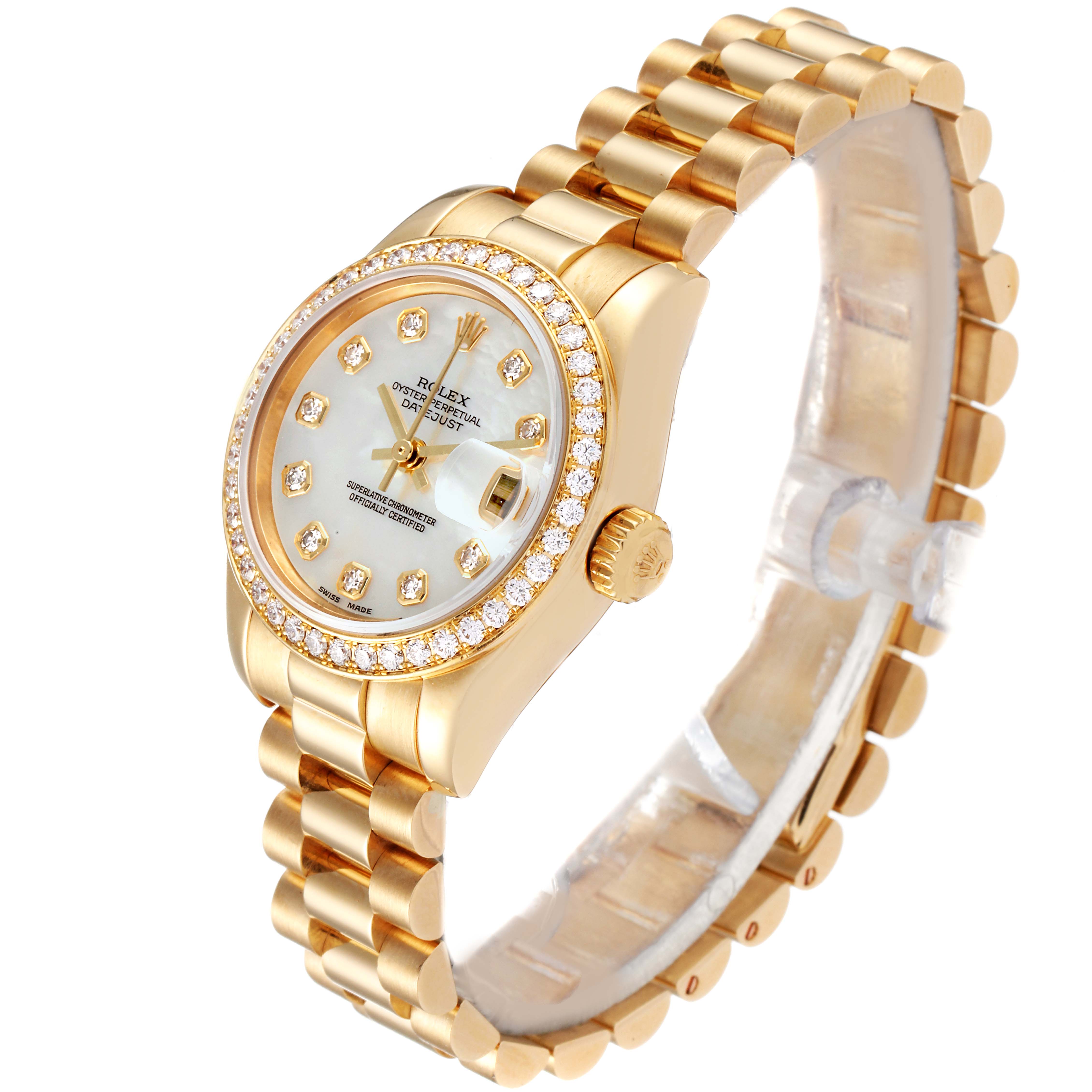 The Rolex President 179138 Women
s Yellow Gold Mother of Pearl Dial 179138 Women
s Yellow Gold Mother of Pearl Dial watch is shown at an angle displaying the face, bezel, crown, and bracelet.