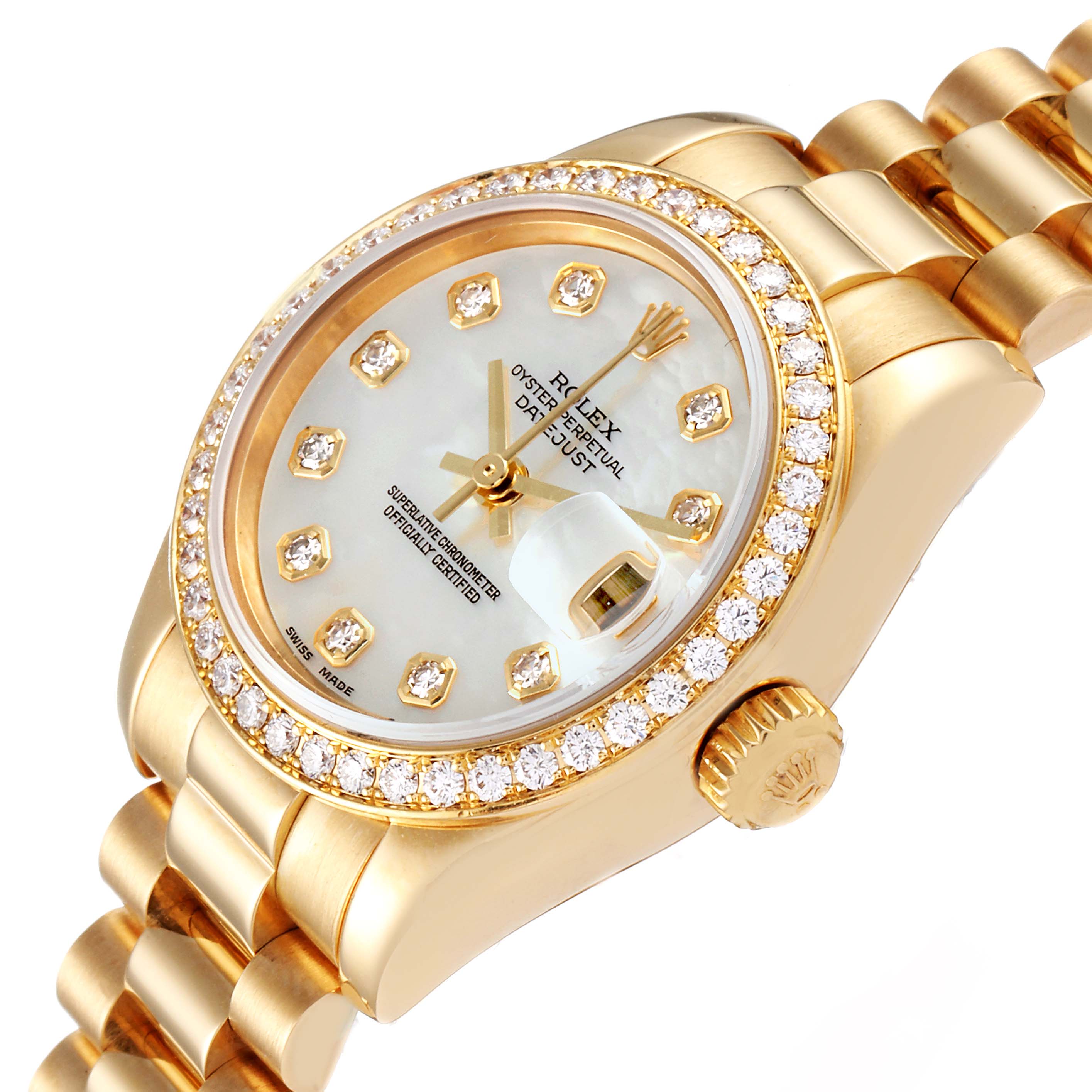 The image shows a Rolex President 179138 Women
s Yellow Gold Mother of Pearl Dial 179138 Women
s Yellow Gold Mother of Pearl Dial model watch at an angled view, highlighting the face, bezel, crown, and a portion of the bracelet.
