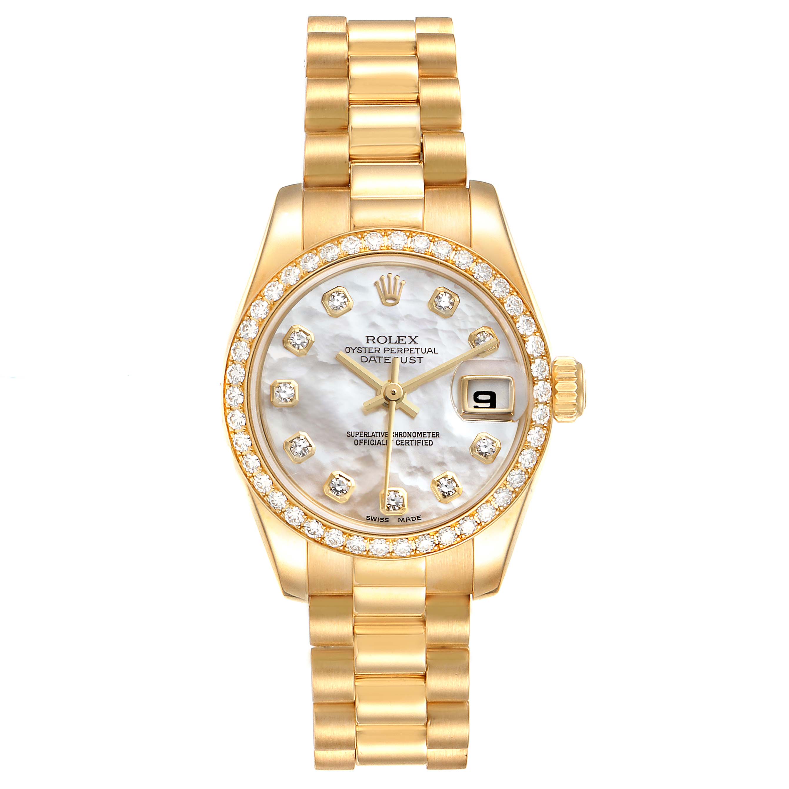 The image shows a frontal view of the Rolex President 179138 Women
s Yellow Gold Mother of Pearl Dial 179138 Women
s Yellow Gold Mother of Pearl Dial model watch, highlighting its bracelet, bezel, dial, and date window.