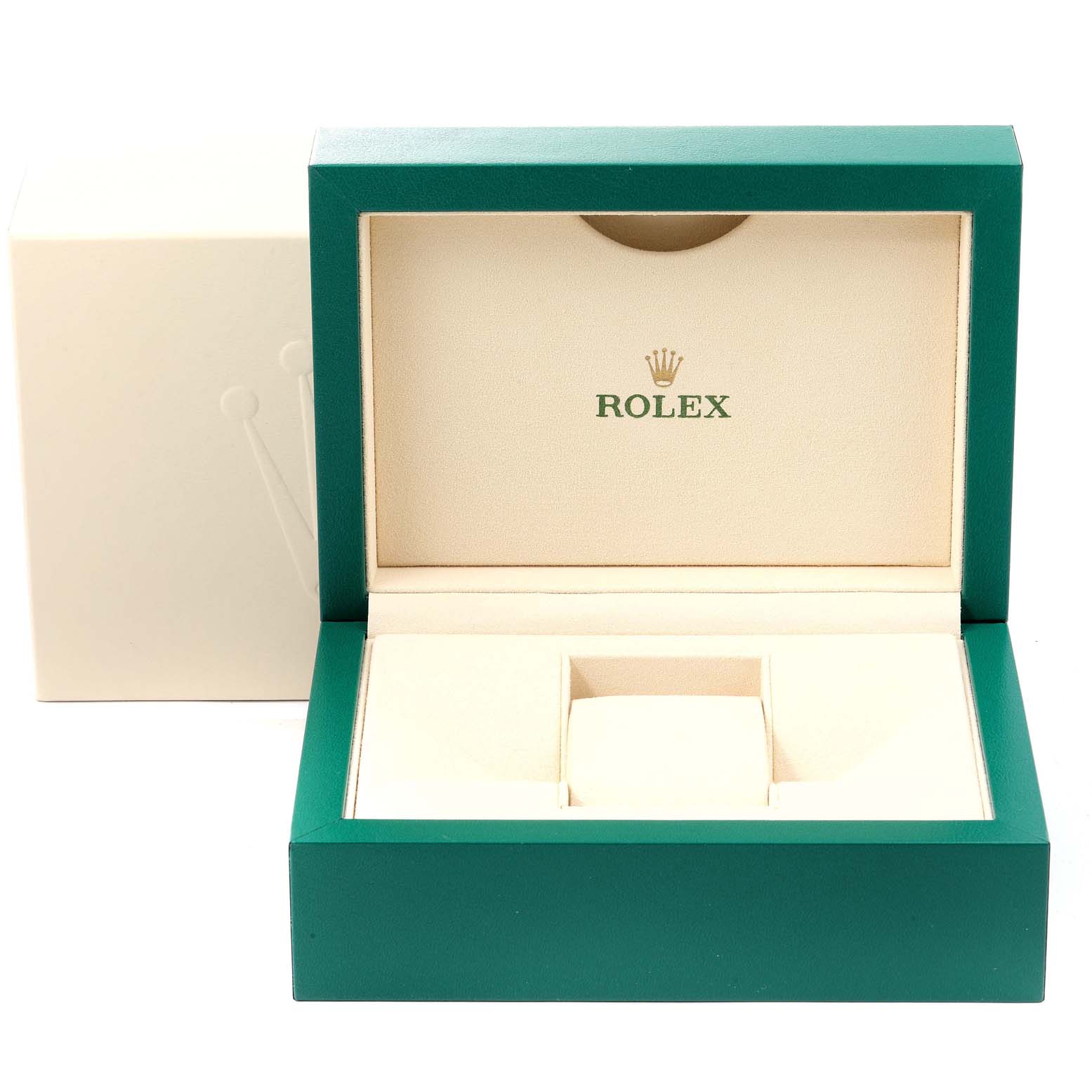 The image shows the open presentation case for a Rolex President 179138 Women
s Yellow Gold Mother of Pearl Dial 179138 Women
s Yellow Gold Mother of Pearl Dial model watch from a front angle.