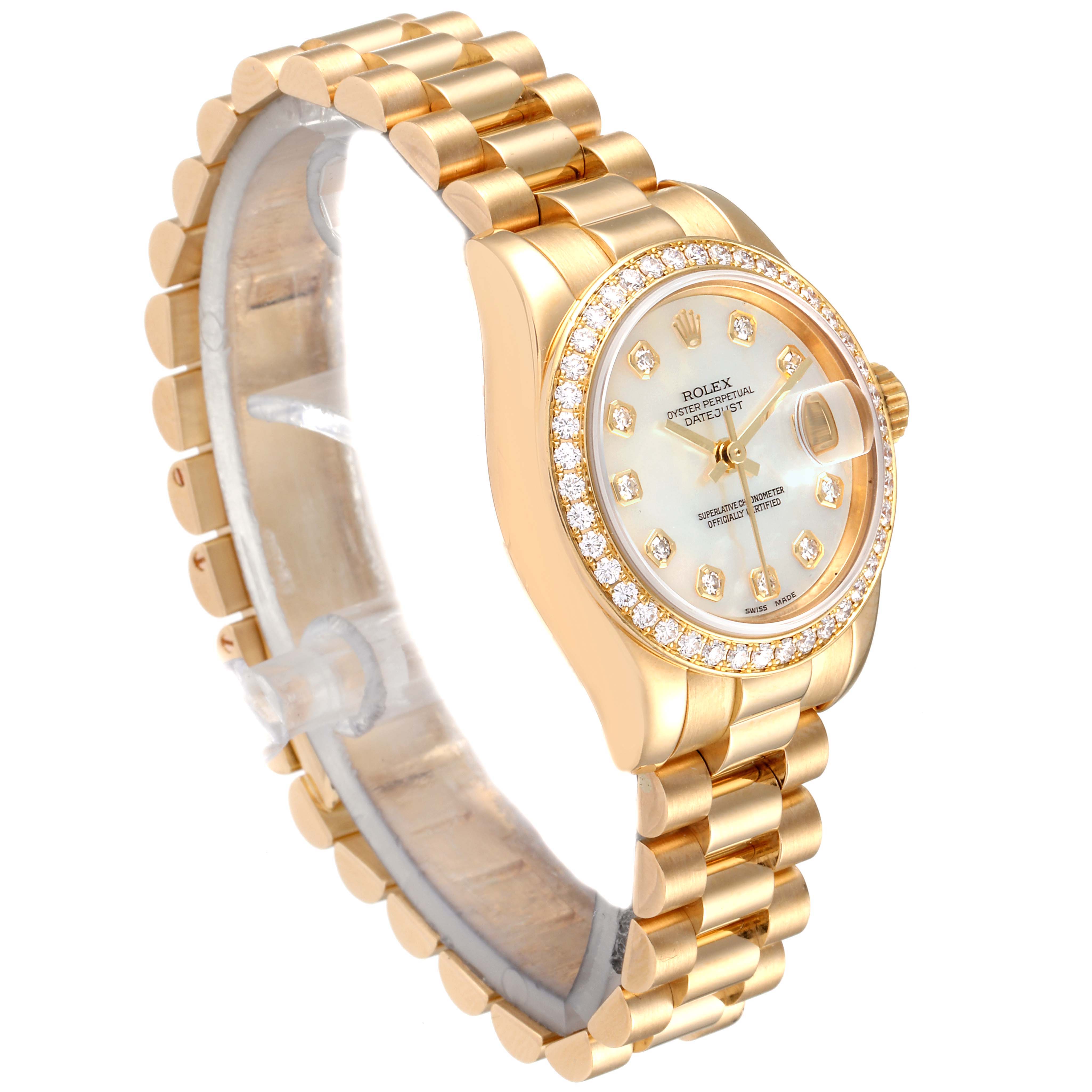 The image shows a side and top view of the Rolex President 179138 Women
s Yellow Gold Mother of Pearl Dial 179138 Women
s Yellow Gold Mother of Pearl Dial model watch, highlighting its band, case, and dial.