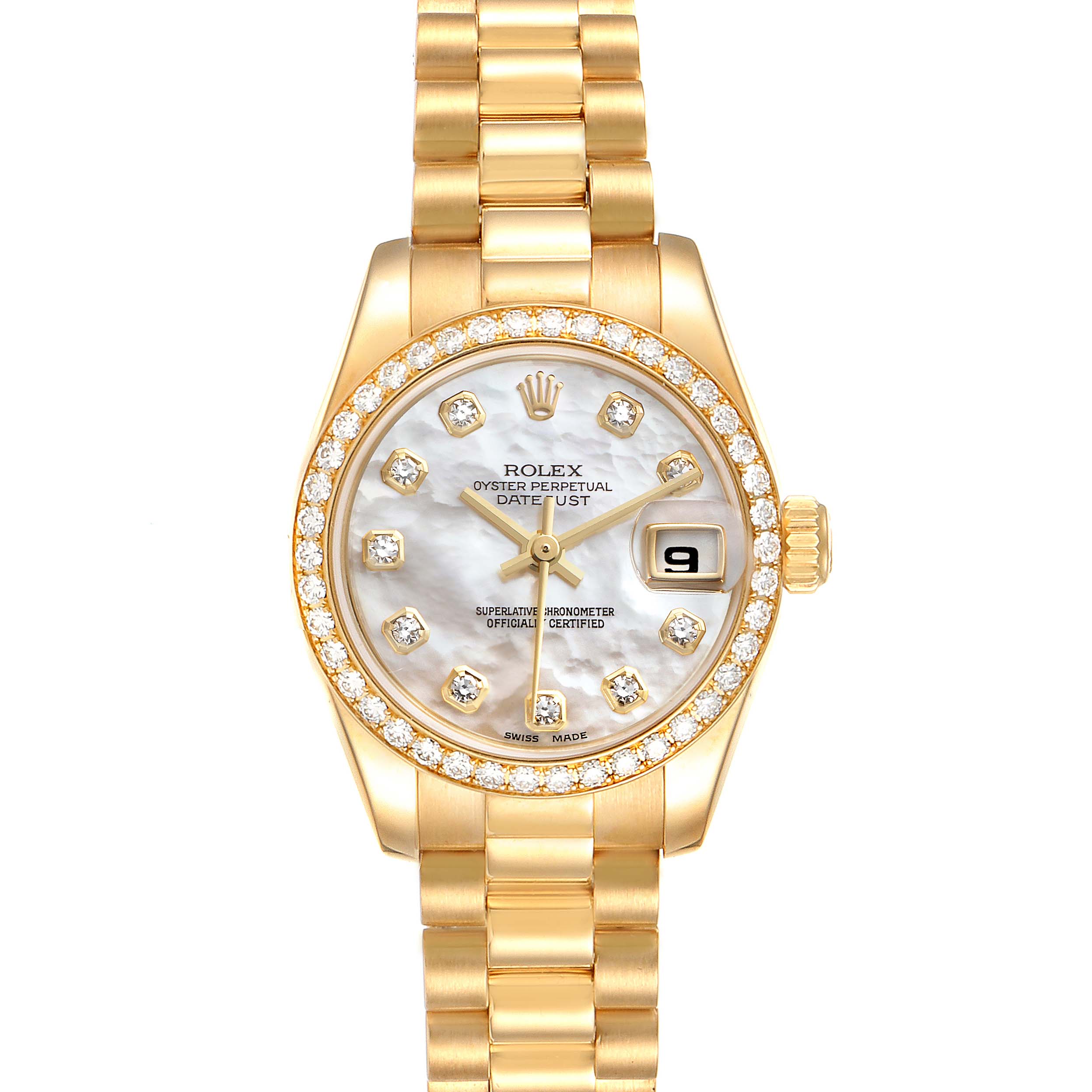This image shows the front view of a Rolex President 179138 Women
s Yellow Gold Mother of Pearl Dial 179138 Women
s Yellow Gold Mother of Pearl Dial Oyster Perpetual Datejust watch with a gold band and diamond bezel.