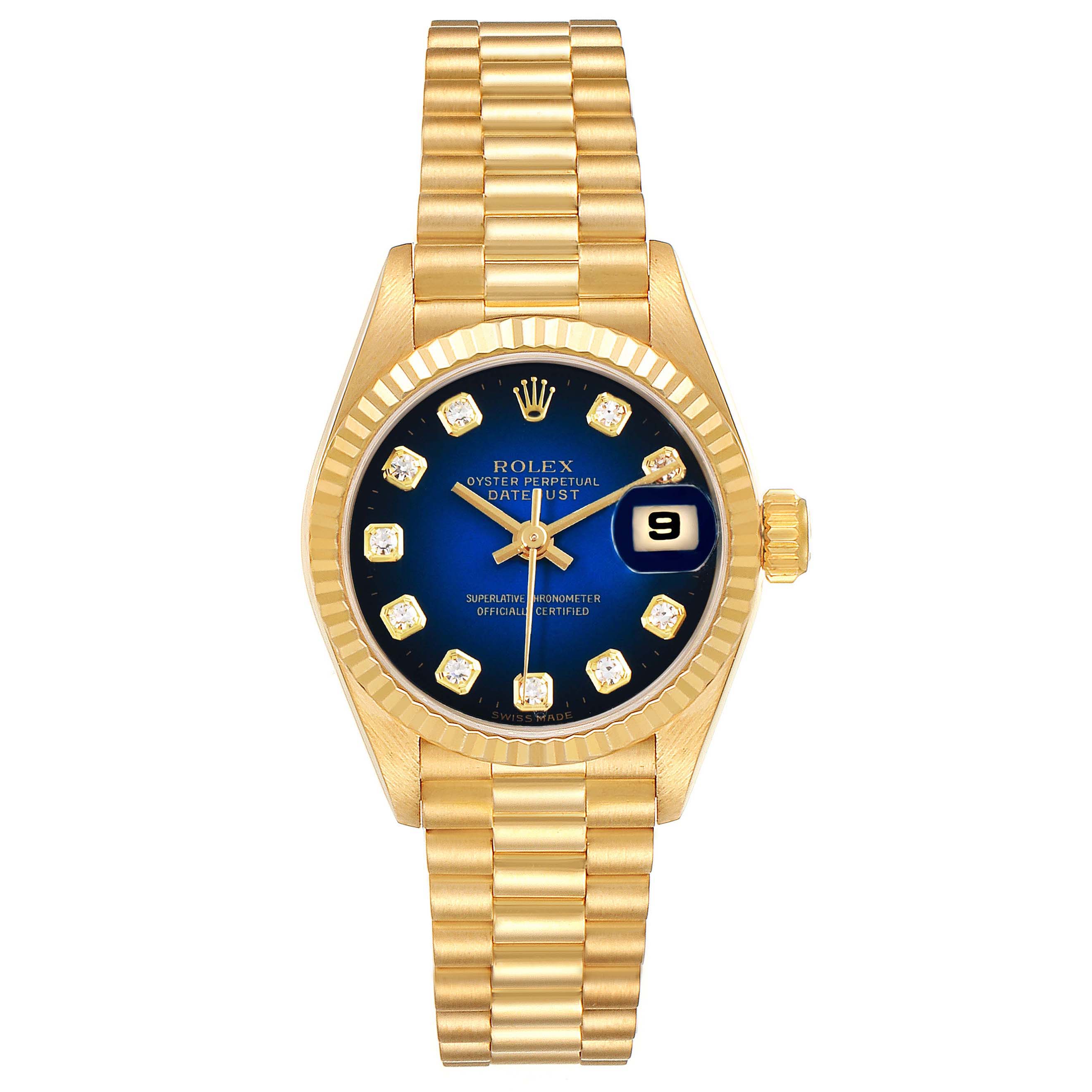 The image shows a front view of a Rolex President 69178 Women's Yellow Gold Blue Dial 69178 Women's Yellow Gold Blue Dial model watch with a gold bracelet and a blue dial featuring diamond hour markers.