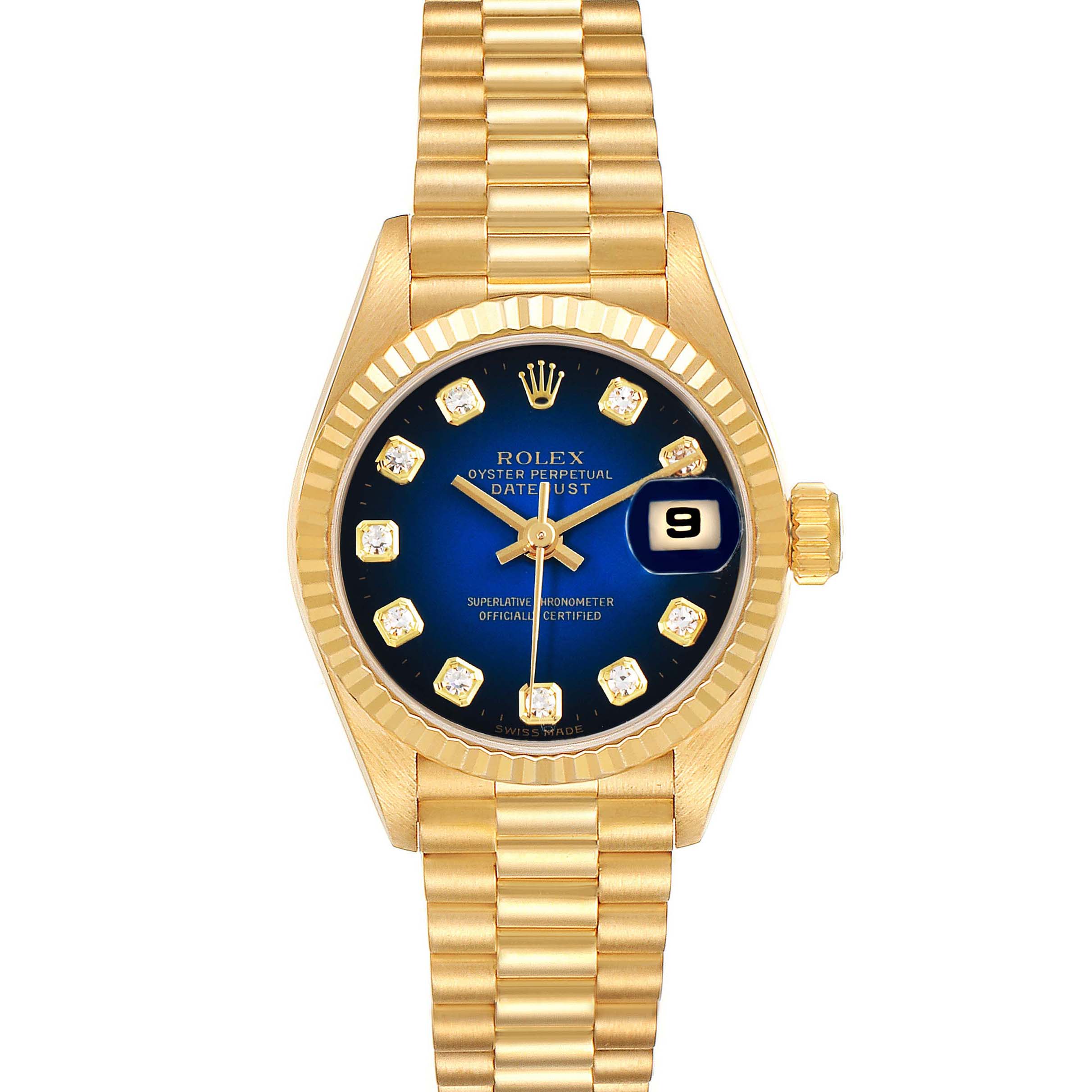 This is a front view of the Rolex President 69178 Women's Yellow Gold Blue Dial 69178 Women's Yellow Gold Blue Dial model watch, showcasing its bracelet, bezel, dial, and date window.