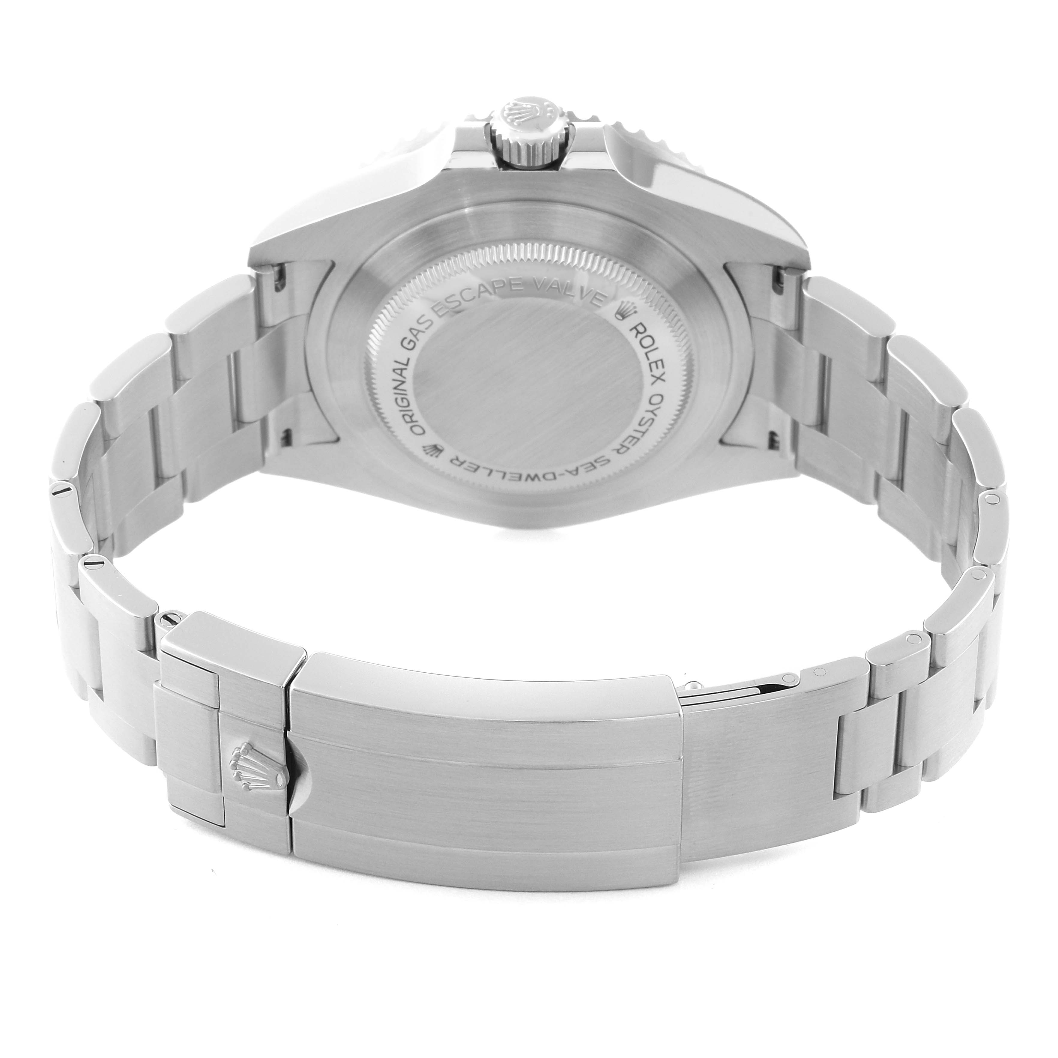 The image shows the back and bracelet of the Rolex Sea-Dweller 126600 Men
s Stainless Steel Black Dial 126600 Men
s Stainless Steel Black Dial watch from a low angle.