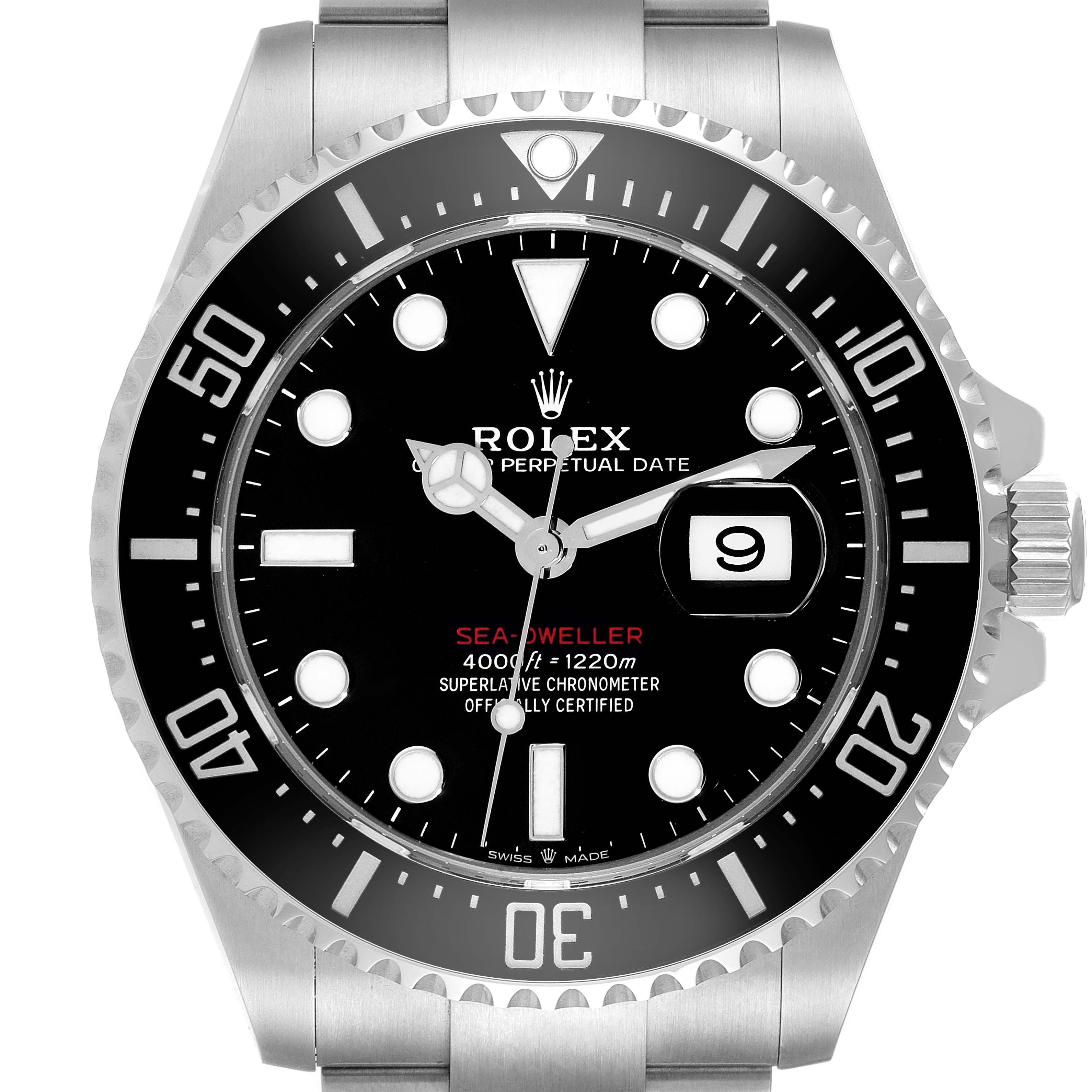The image shows a front view of a Rolex Sea-Dweller 126600 Men
s Stainless Steel Black Dial 126600 Men
s Stainless Steel Black Dial watch, displaying the face, bezel, and crown.