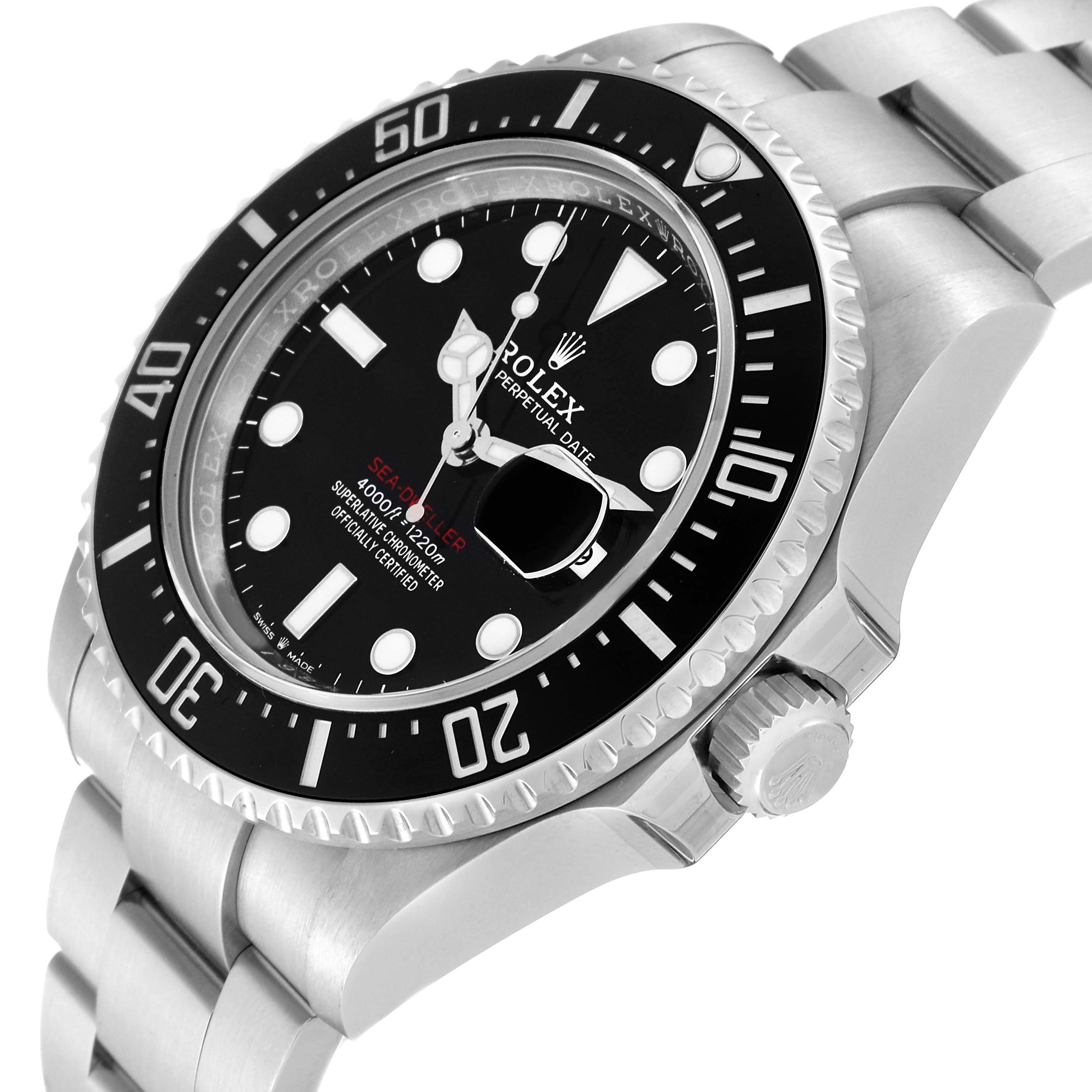 The image shows a close-up angled view of the Rolex Sea-Dweller 126600 Men
s Stainless Steel Black Dial 126600 Men
s Stainless Steel Black Dial watch
s face, bezel, crown, and part of the bracelet.