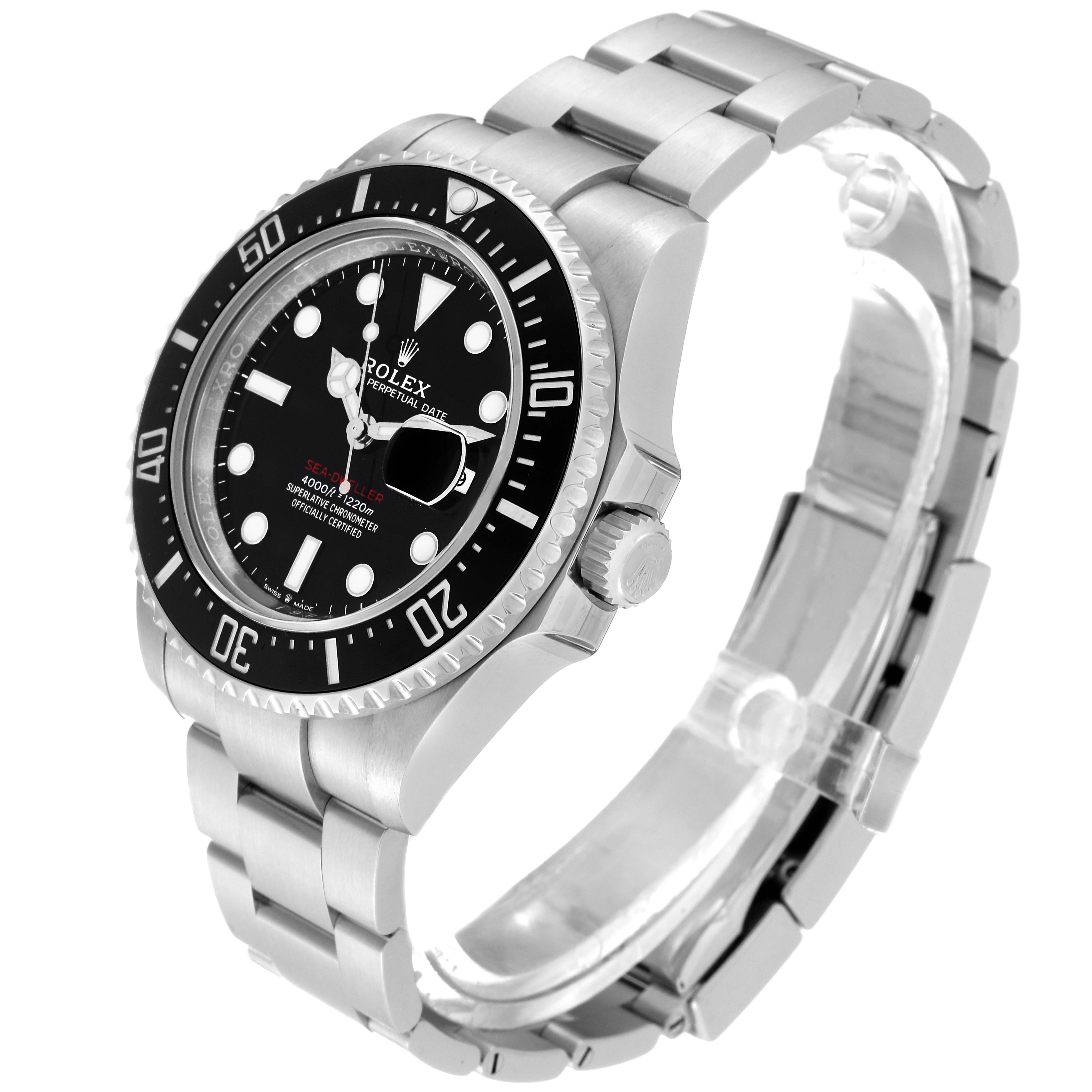 This image shows a side and front angle of the Rolex Sea-Dweller 126600 Men
s Stainless Steel Black Dial 126600 Men
s Stainless Steel Black Dial watch, highlighting its dial, bezel, case, and bracelet.