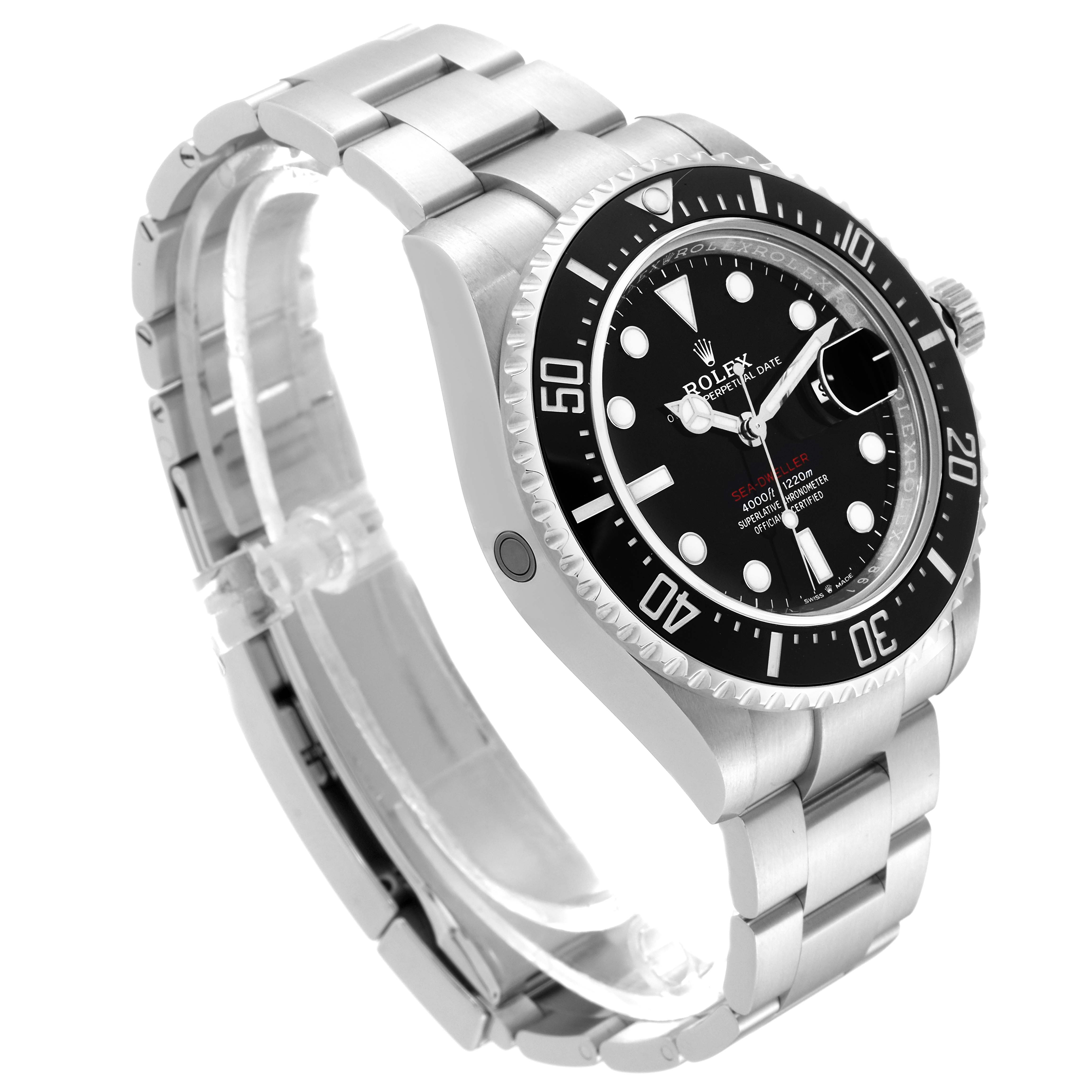 The image shows a side angle of the Rolex Sea-Dweller 126600 Men
s Stainless Steel Black Dial 126600 Men
s Stainless Steel Black Dial watch, highlighting its bezel, dial, and stainless steel bracelet.