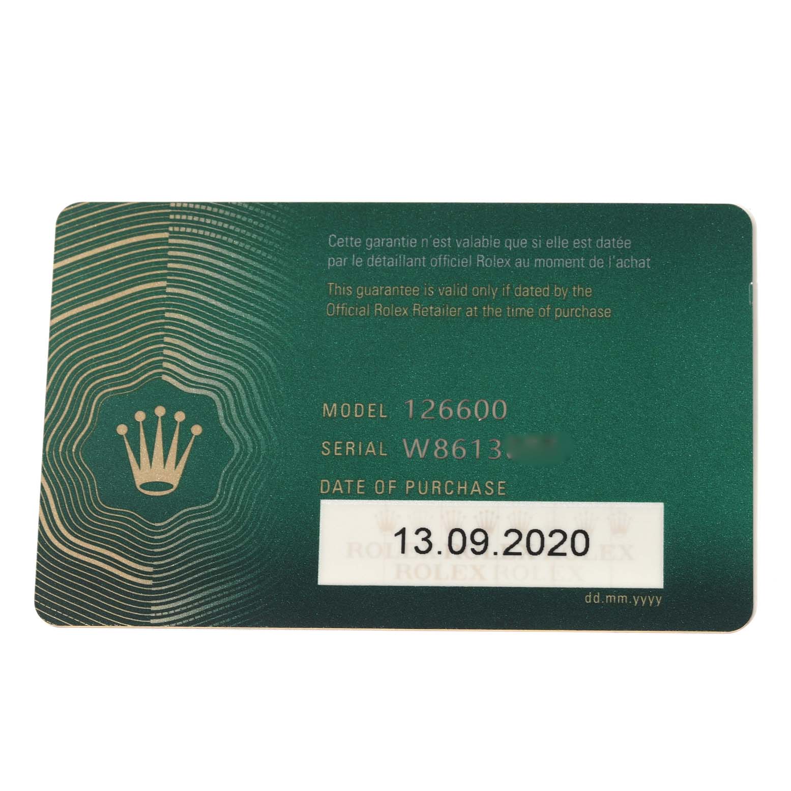 This image shows the warranty card for the Rolex Sea-Dweller 126600 Men
s Stainless Steel Black Dial 126600 Men
s Stainless Steel Black Dial model 126600 with the date of purchase.