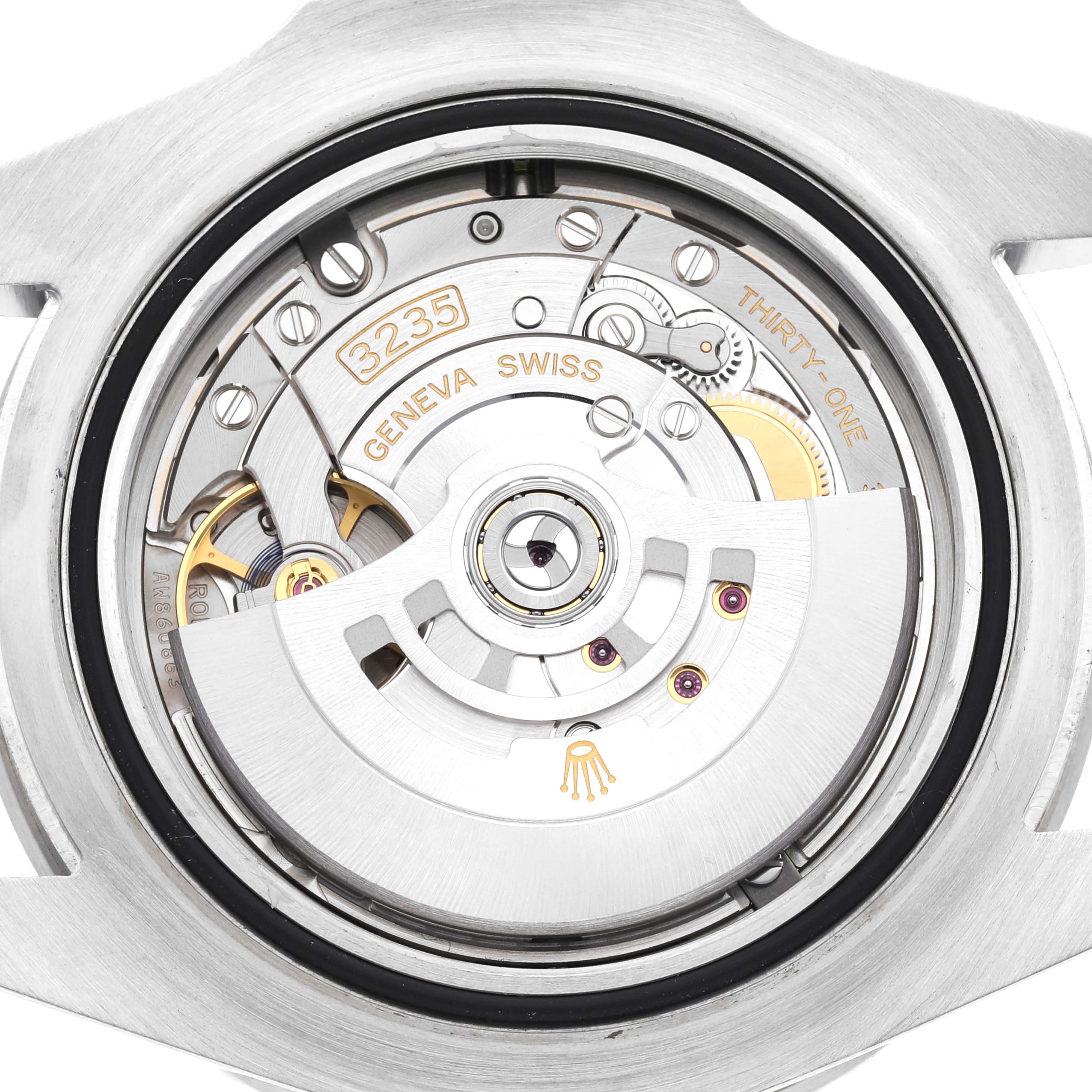 This image shows the open case back of a Rolex Sea-Dweller 126600 Men
s Stainless Steel Black Dial 126600 Men
s Stainless Steel Black Dial, displaying its 3235 movement mechanism.