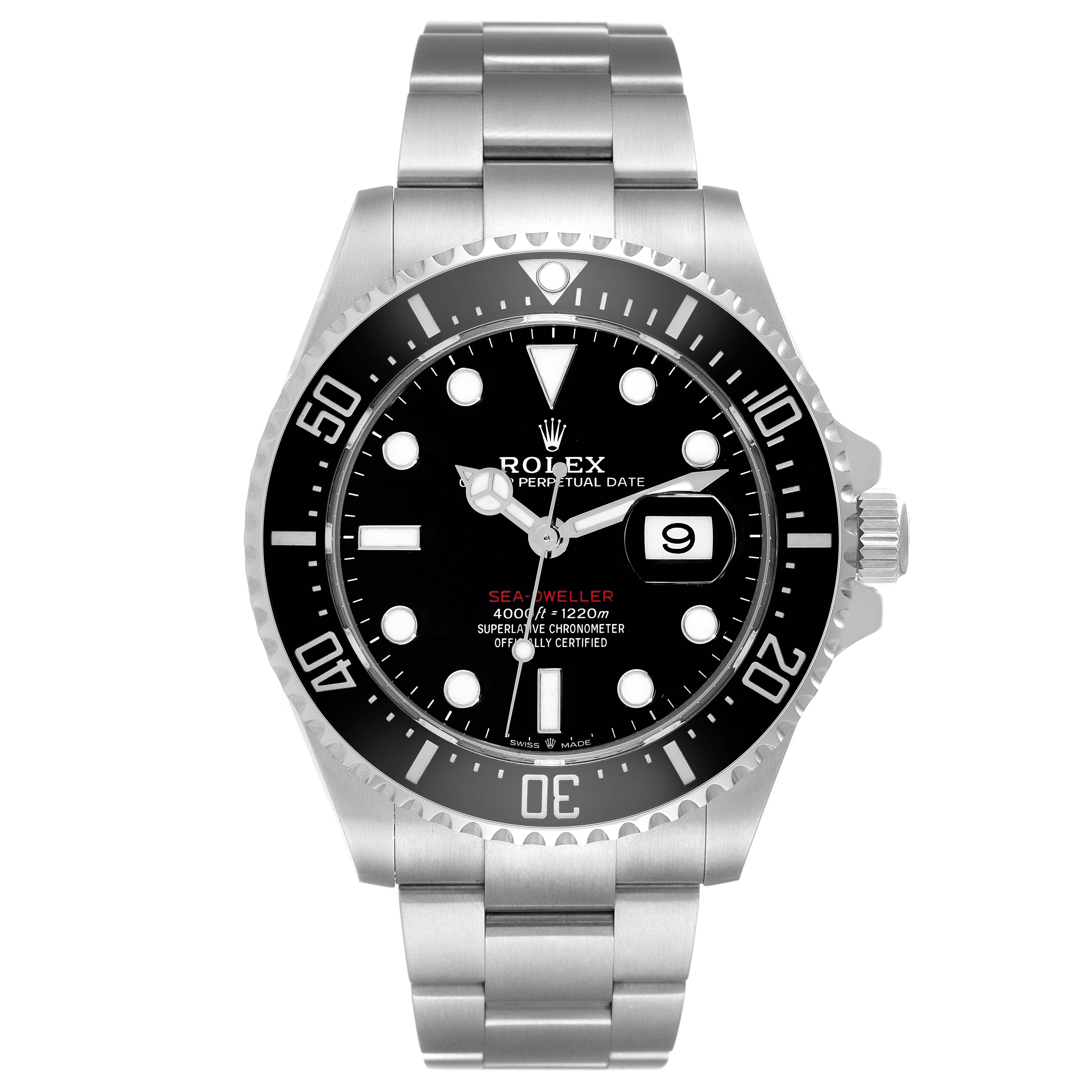 The image shows a front view of a Rolex Sea-Dweller 126600 Men
s Stainless Steel Black Dial 126600 Men
s Stainless Steel Black Dial watch displaying its dial, bezel, and bracelet.