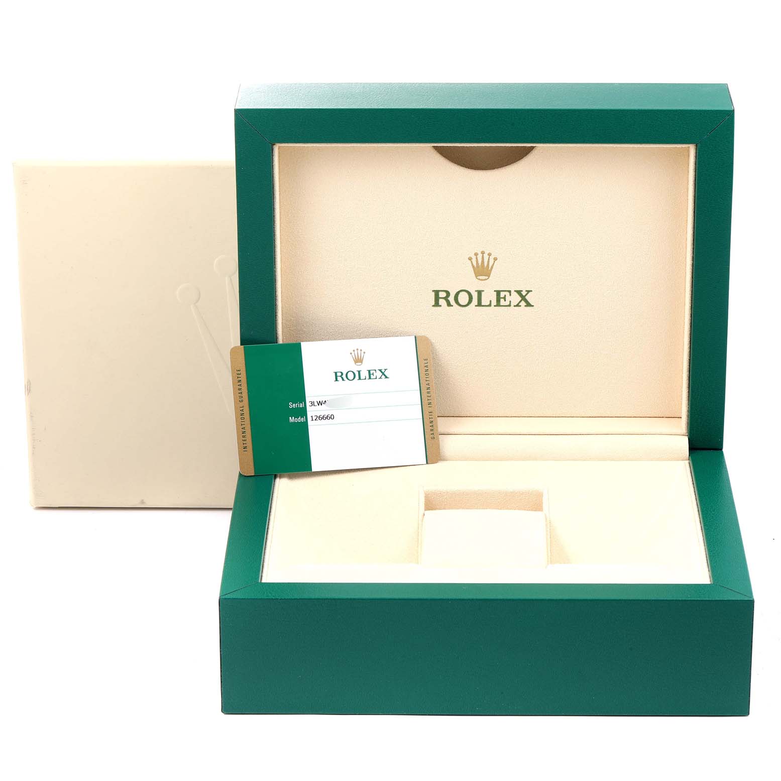 This image shows an open green Rolex box for the Sea-Dweller model with an Best Quality
ity card.