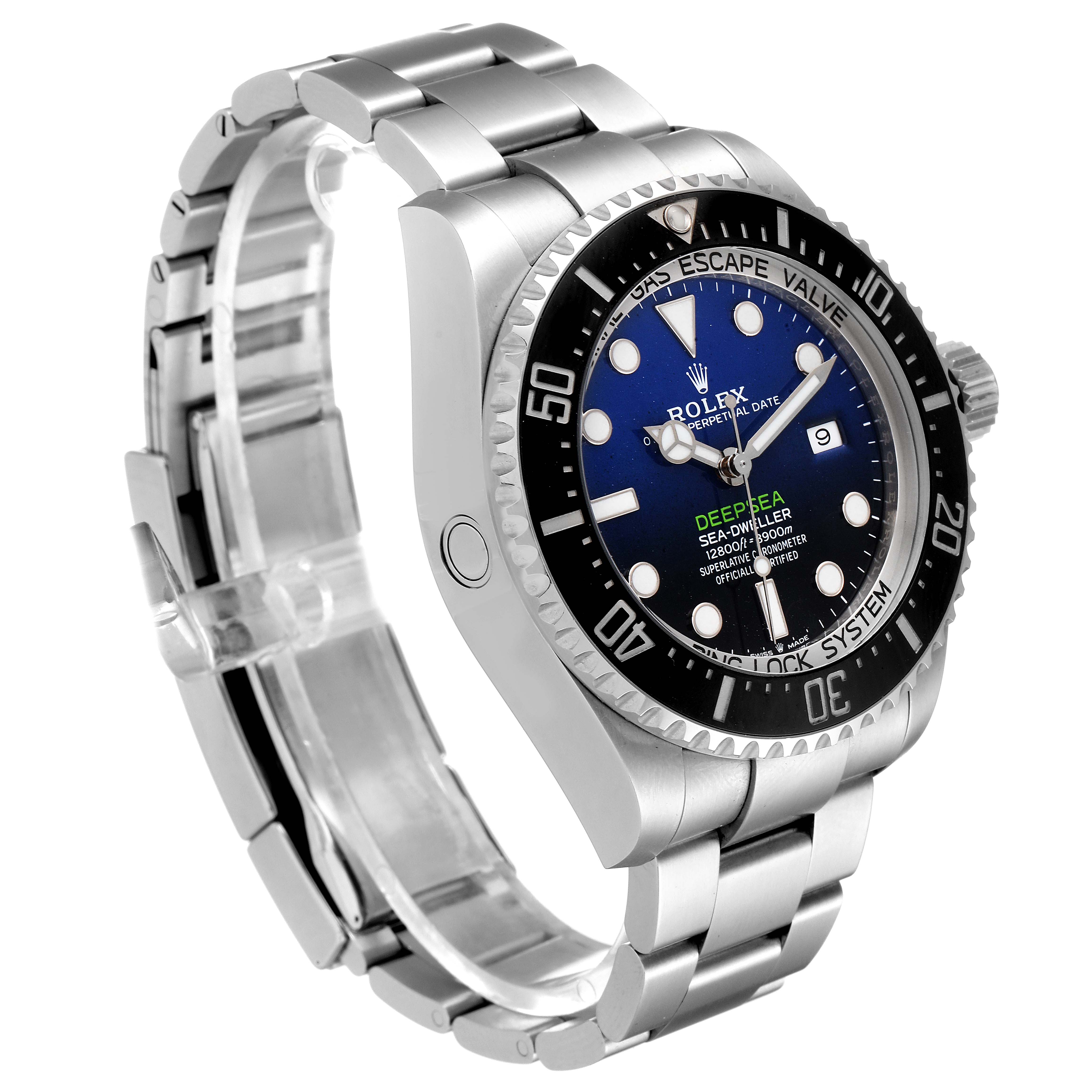 This Rolex Sea-Dweller 126660 Men
s Stainless Steel Blue Dial 126660 Men
s Stainless Steel Blue Dial watch is shown at a three-quarter angle, highlighting its bezel, face, crown, and bracelet.